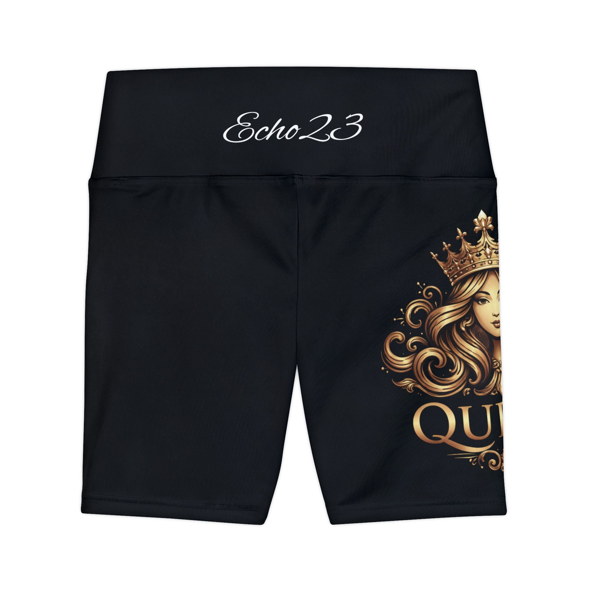 Queen Fitness Shorts — Women's Black High-Waist Workout Biker Shorts with Crown Graphic
