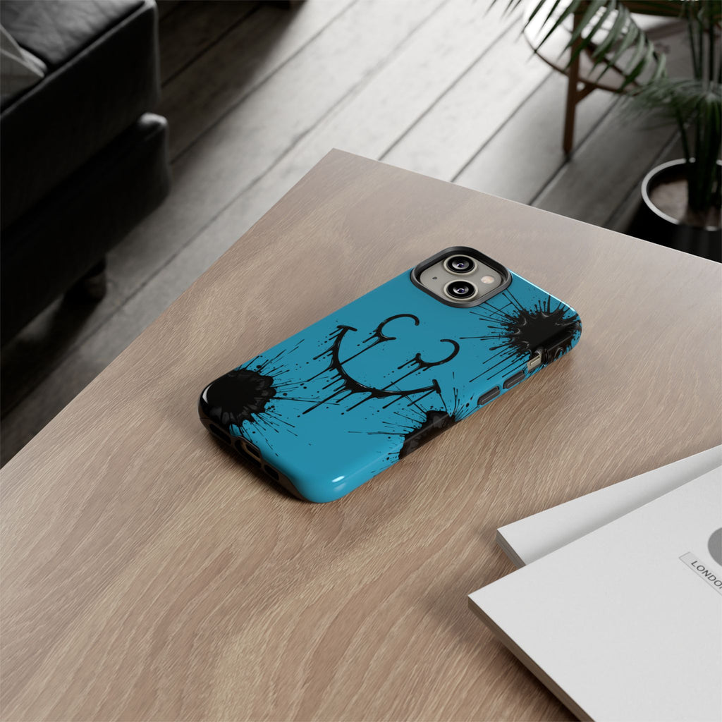 Protective Phone Case — Blue Drip Smile Splatter Design
