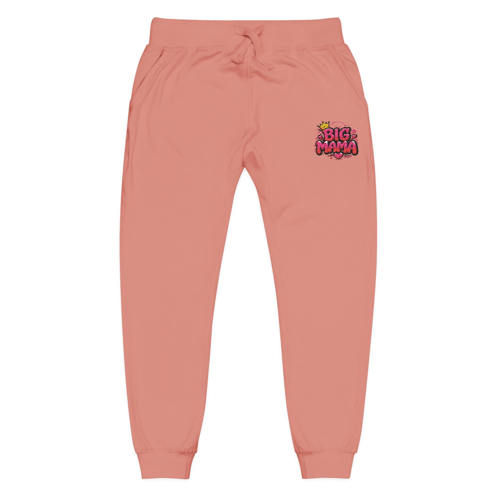 Embroidered “BigMama” Pink Fleece Sweatpants — Cute Floral Mascot Accent