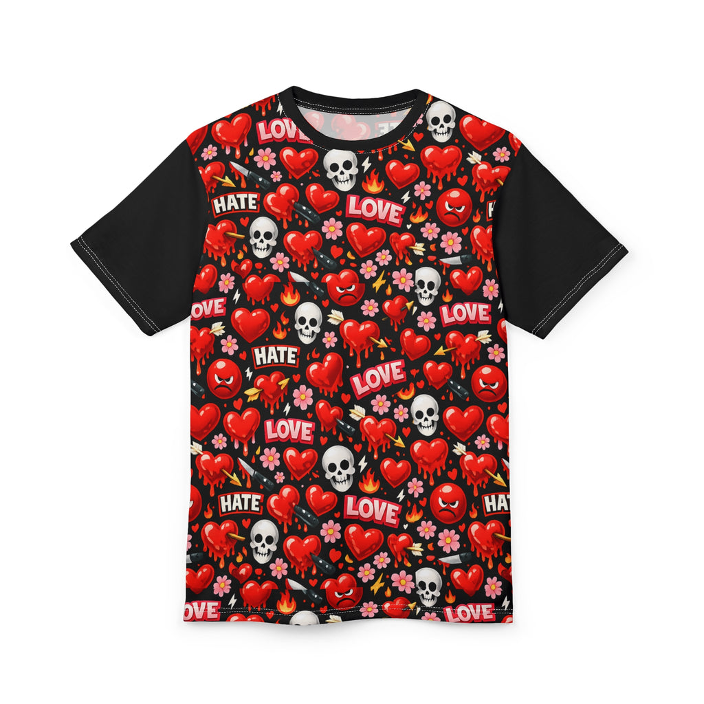 Love & Hate Heart Skull Tee — All-Over Print Graphic Shirt
