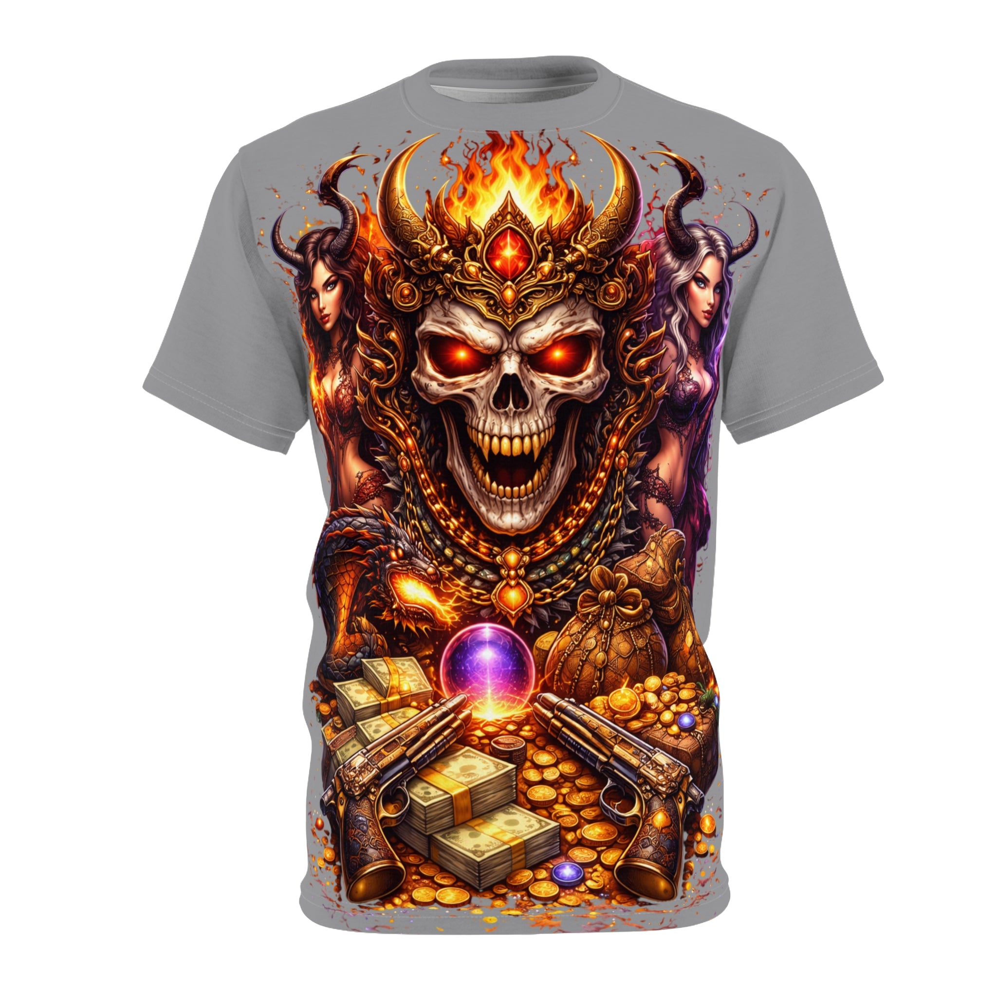 Skull King Treasure All-Over Print Tee — Gothic Fantasy Skull, Flames & Gold