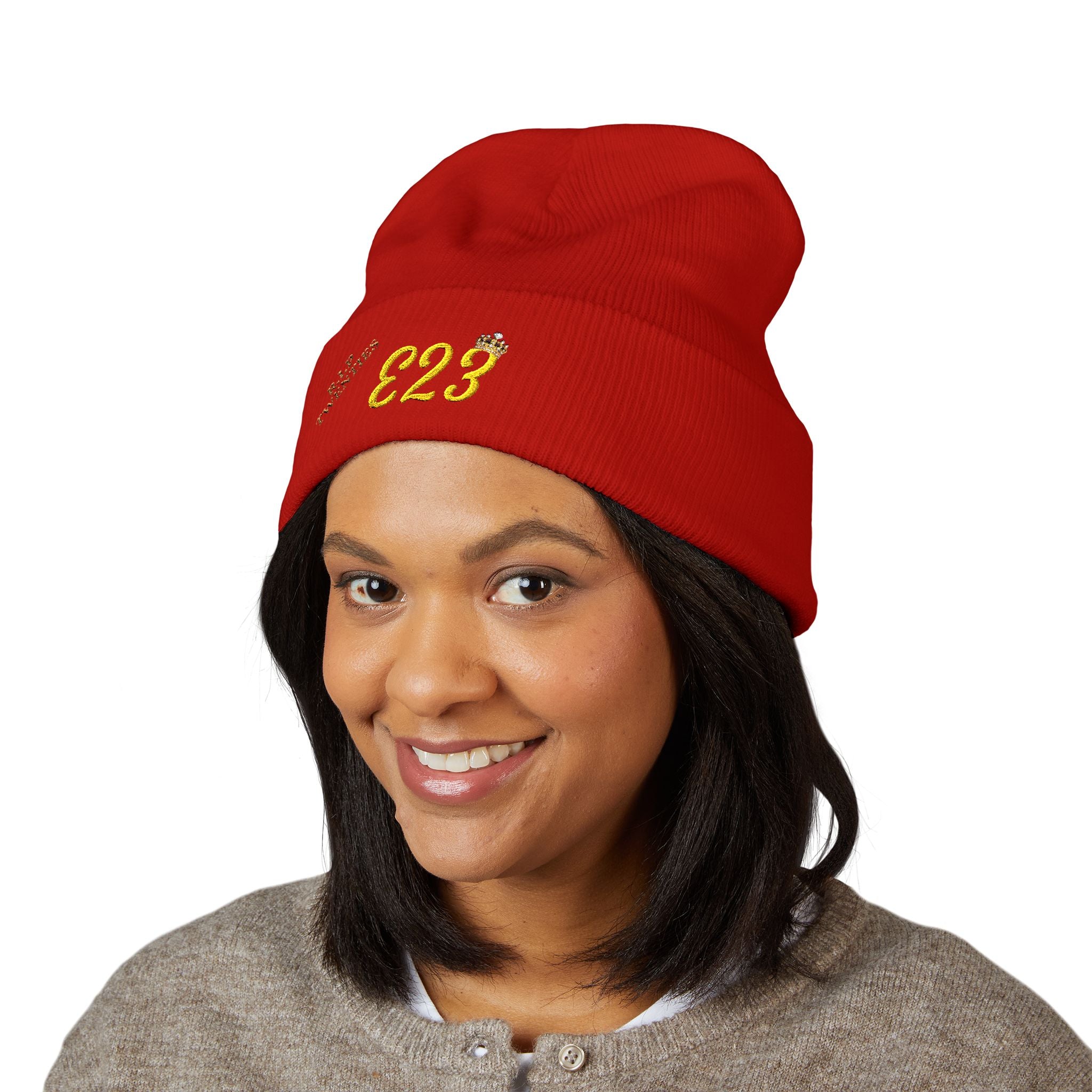 E23 Embroidered Cuffed Beanie — RIP Twenties Gold Script Knit Hat