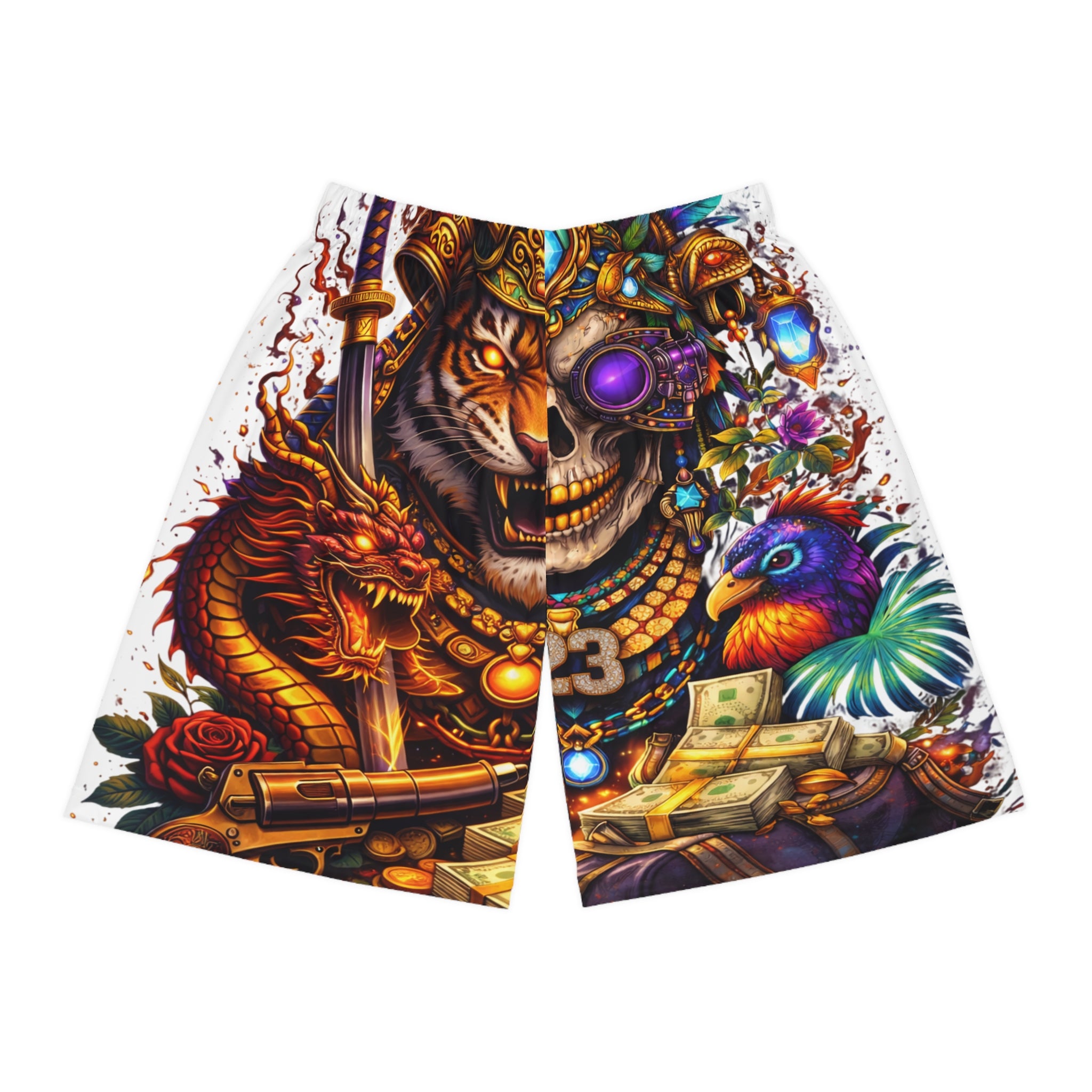 Basketball Shorts — Bold Tiger Skull & Dragon All-Over Print