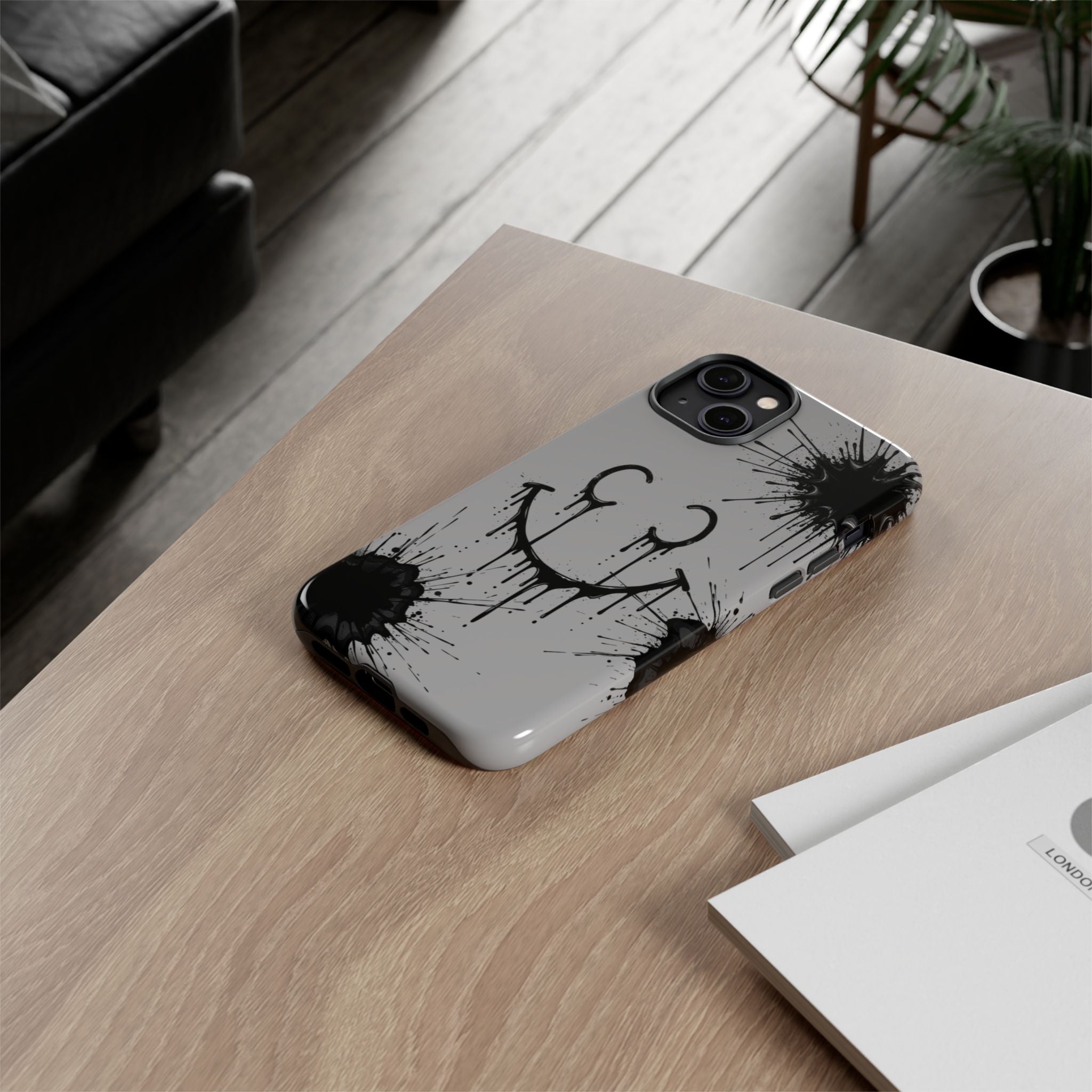 Protective Phone Case — Gray Drip Smile Splatter Design