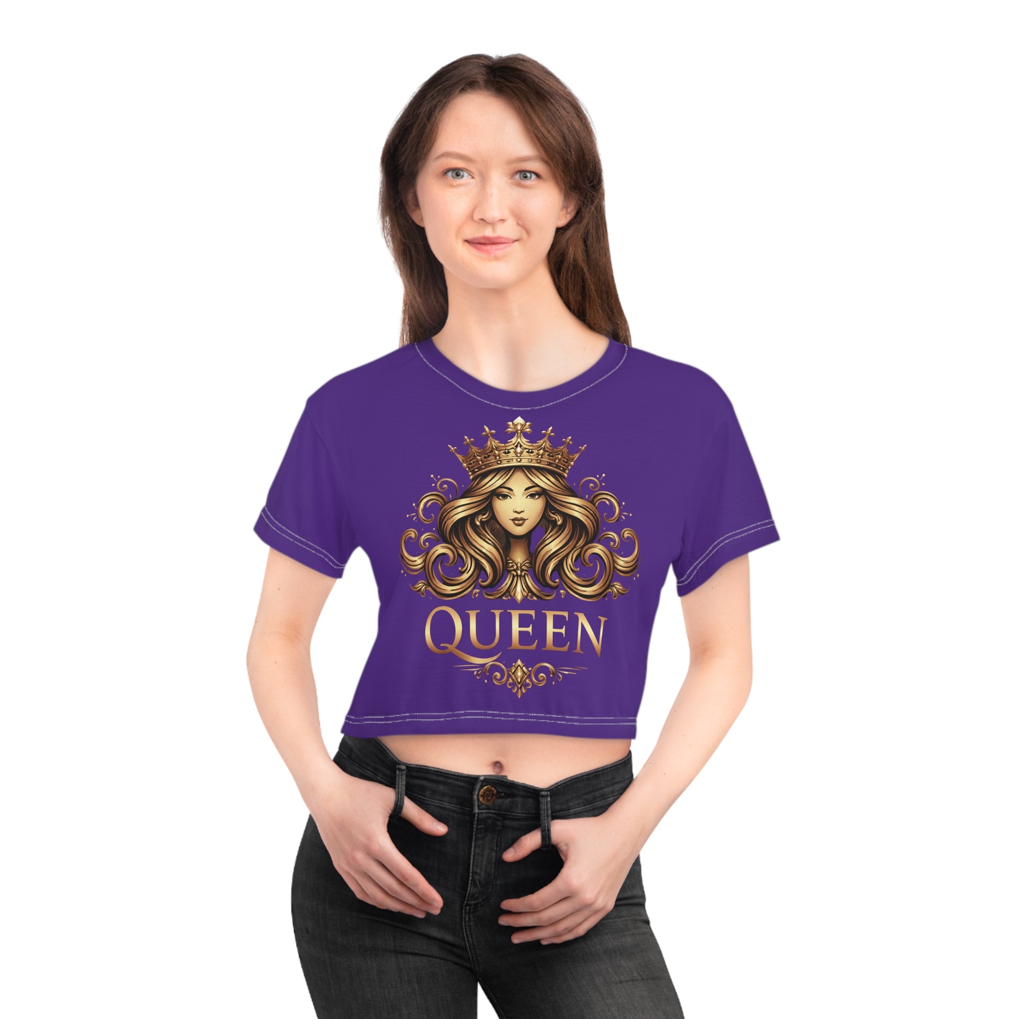 Purple Queen Graphic Crop Tee — Regal Crowned Woman Design