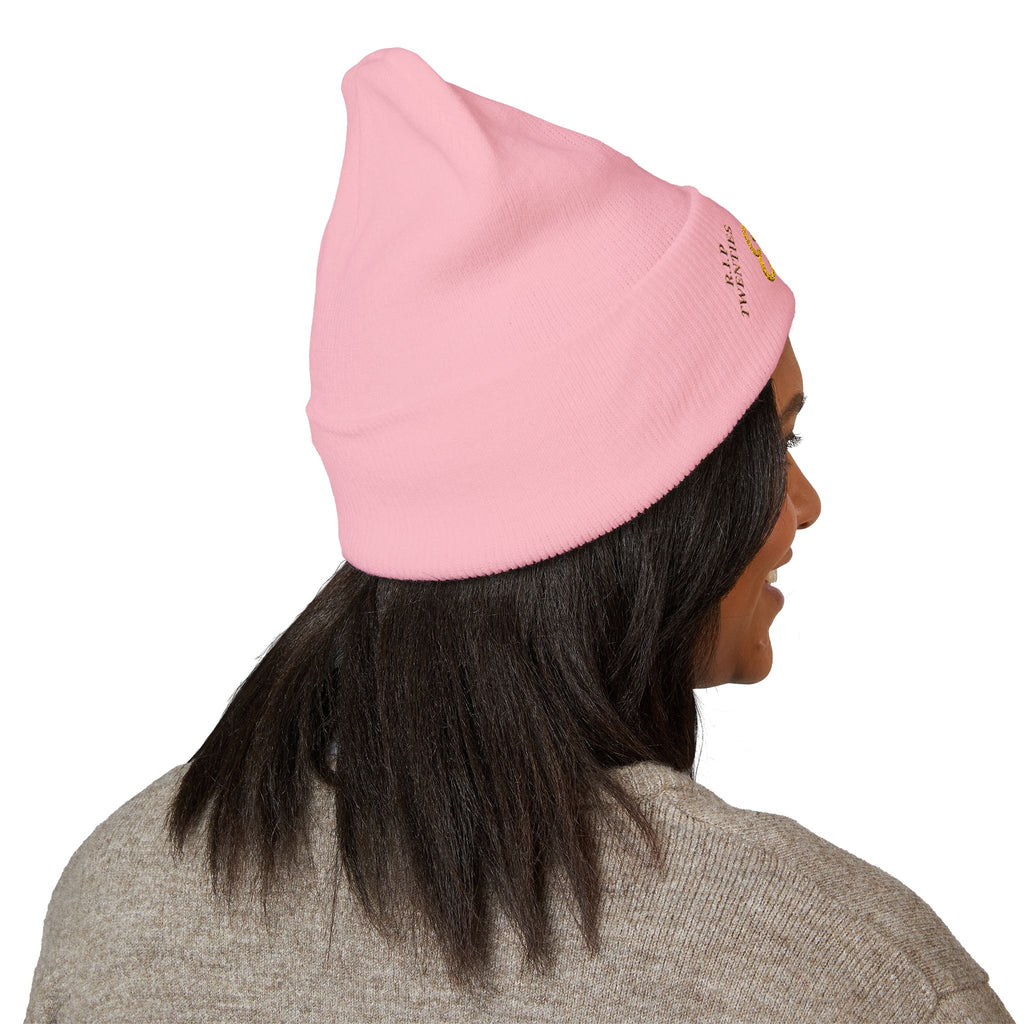 E23 Embroidered Cuffed Beanie — RIP Twenties Gold Script Knit Hat