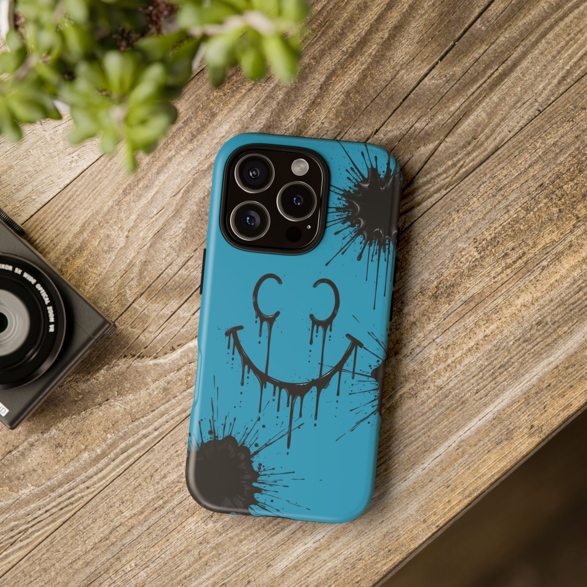 Protective Phone Case — Blue Drip Smile Splatter Design
