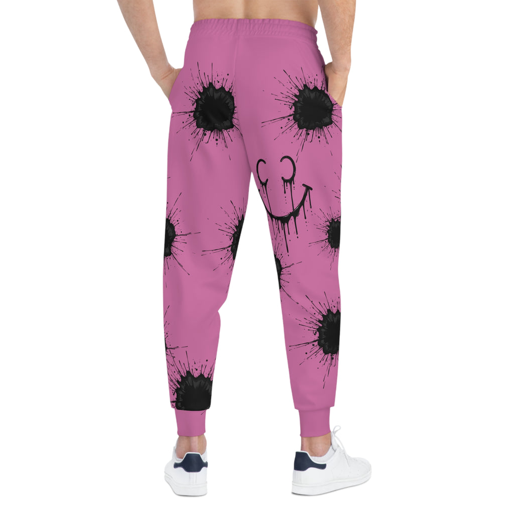 Ink Splatter Teddy Joggers — Grunge Athletic Sweatpants with Smiley Detail