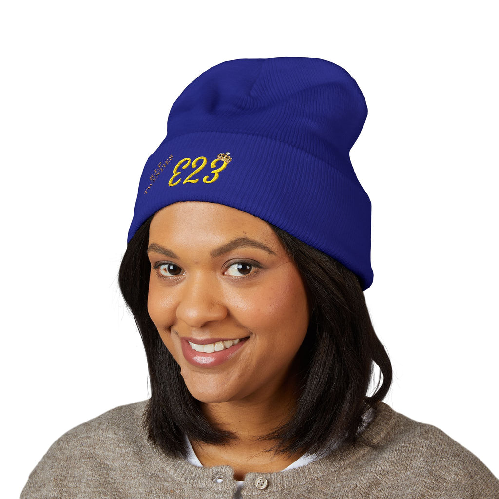 E23 Embroidered Cuffed Beanie — RIP Twenties Gold Script Knit Hat