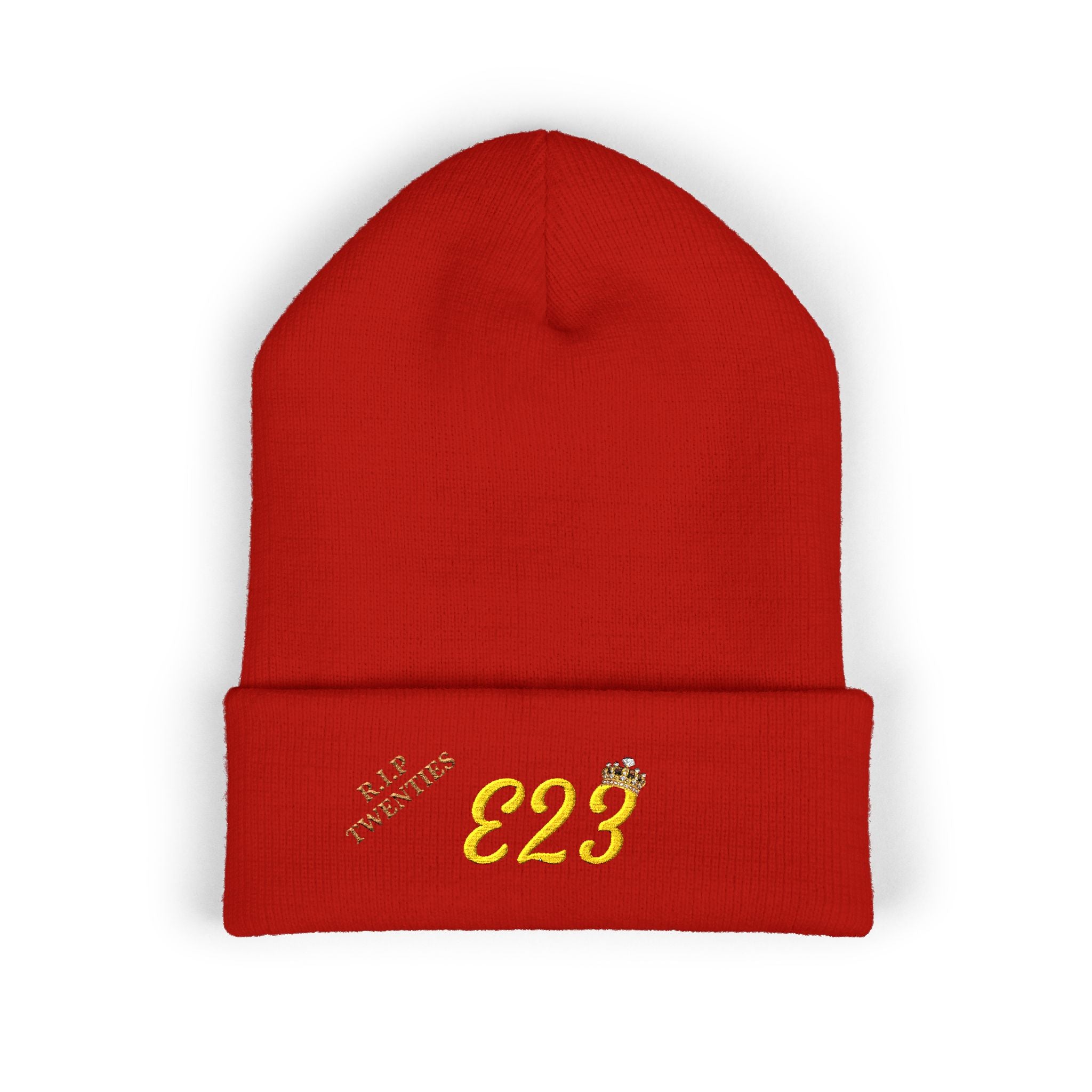 E23 Embroidered Cuffed Beanie — RIP Twenties Gold Script Knit Hat