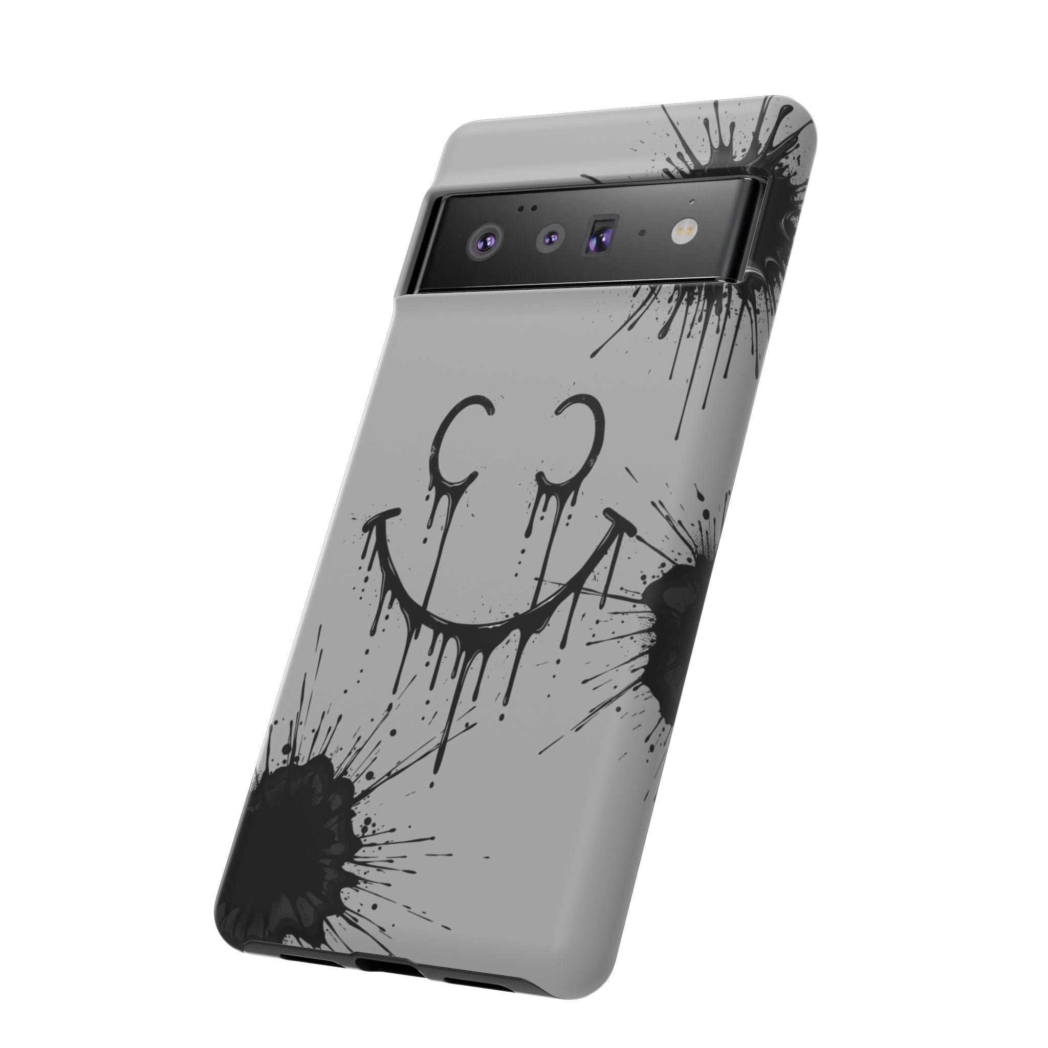 Protective Phone Case — Gray Drip Smile Splatter Design