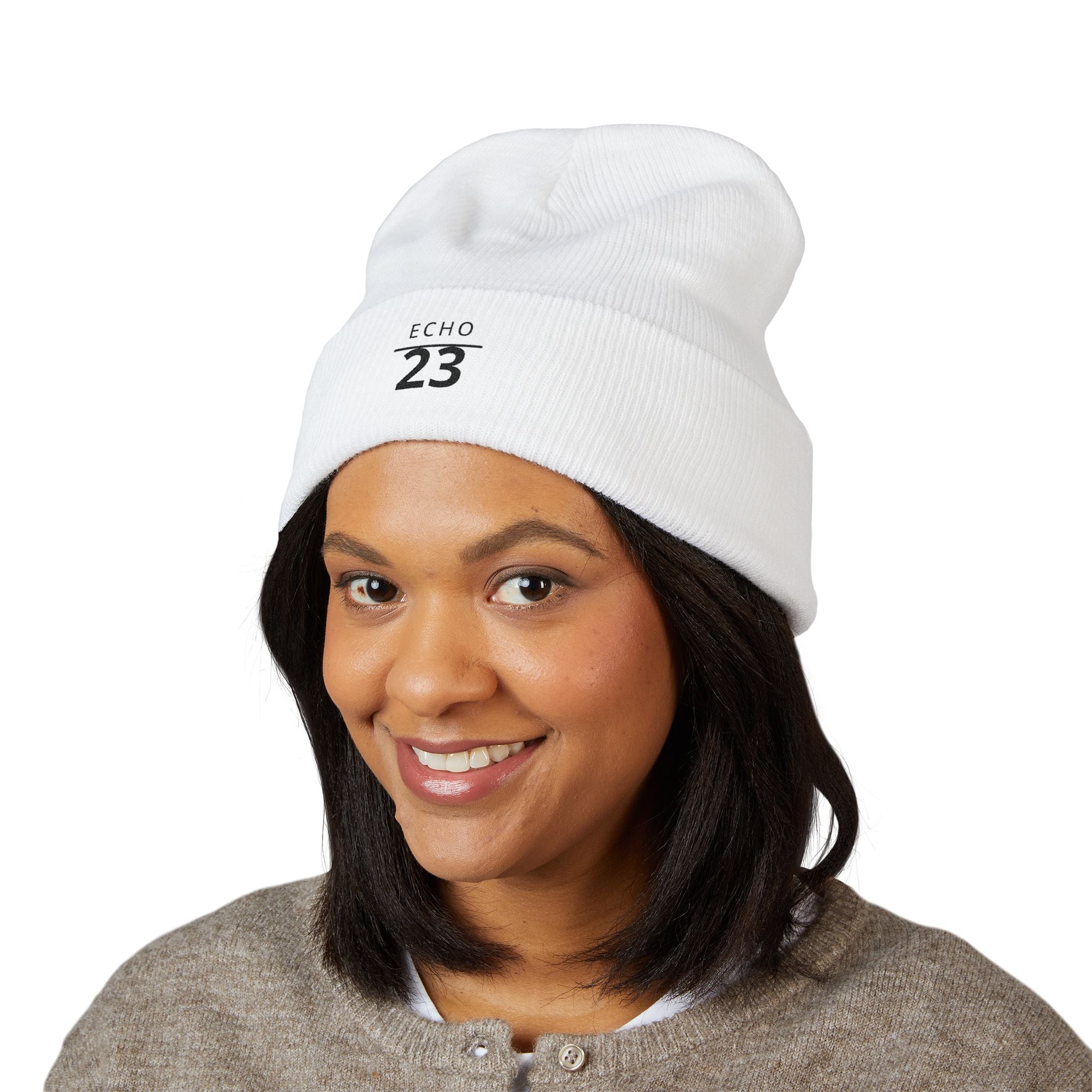 Echo 23 Embroidered Cuffed Beanie — Minimal Knit Winter Hat