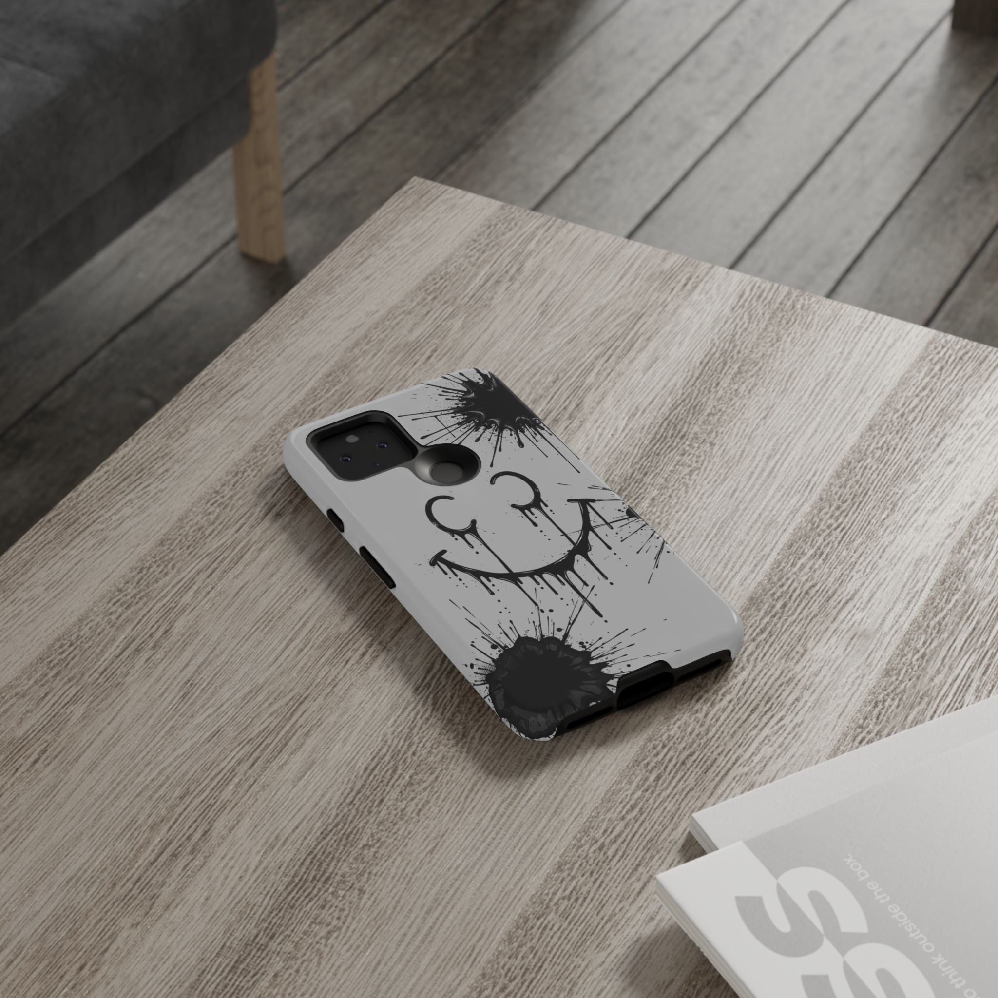 Protective Phone Case — Gray Drip Smile Splatter Design
