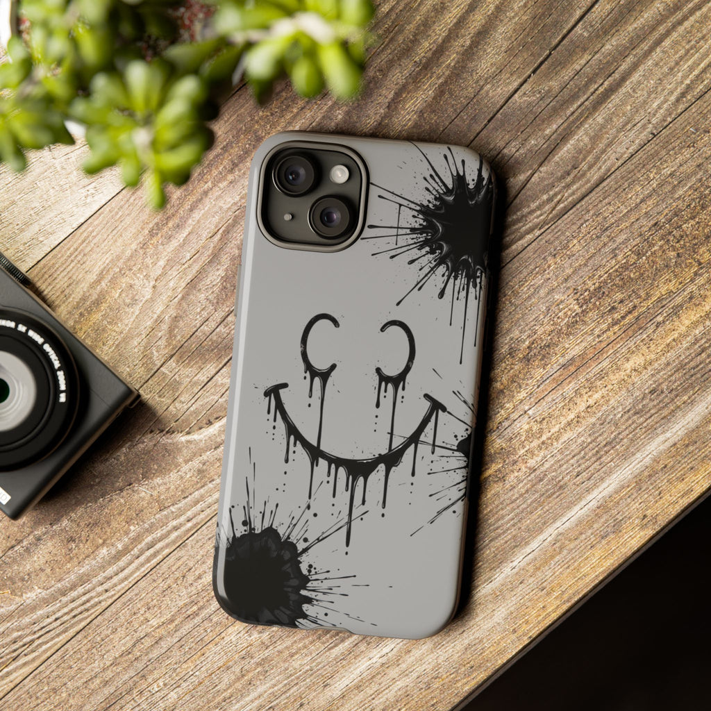 Protective Phone Case — Gray Drip Smile Splatter Design