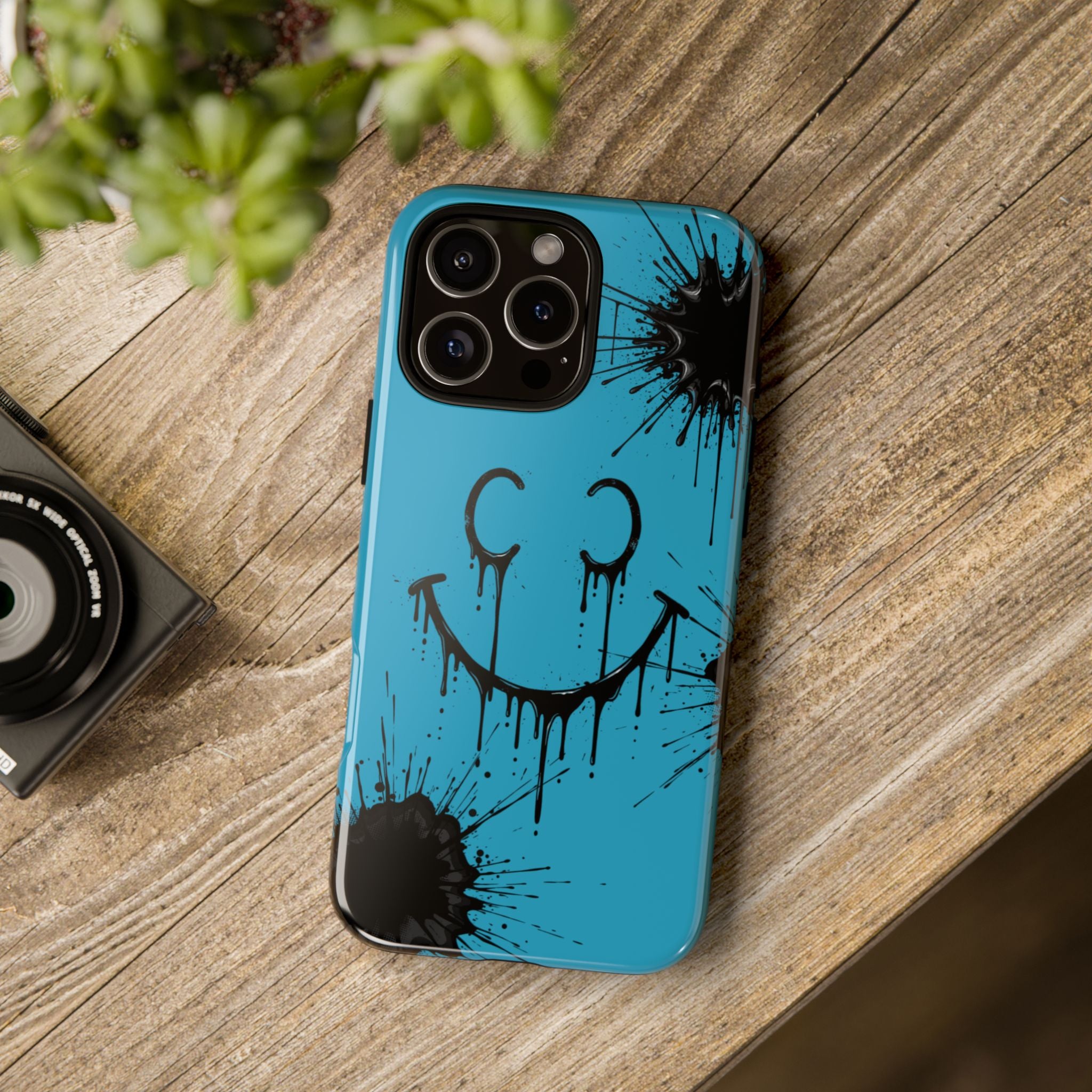 Protective Phone Case — Blue Drip Smile Splatter Design