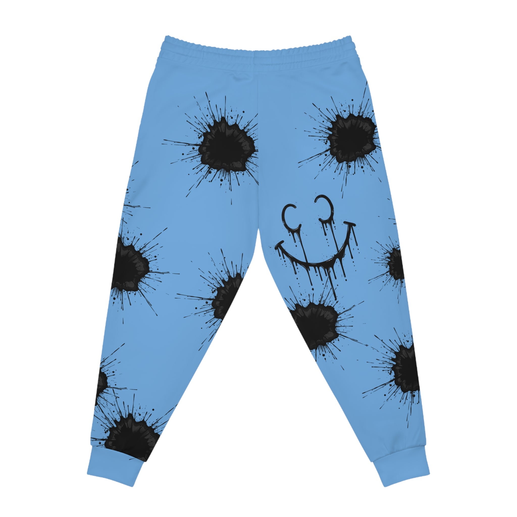 Ink Splatter Teddy Joggers — Grunge Athletic Sweatpants with Smiley Detail