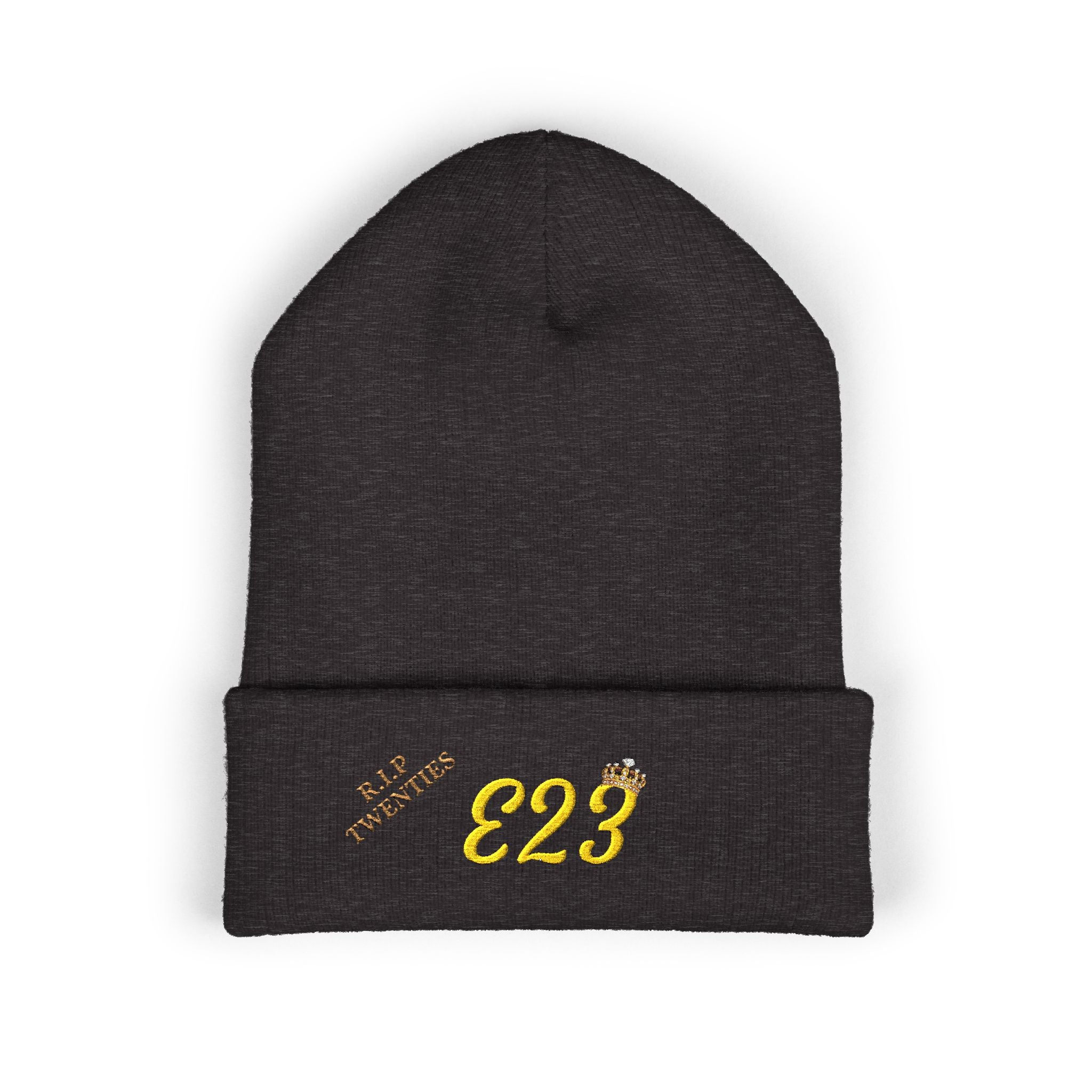 E23 Embroidered Cuffed Beanie — RIP Twenties Gold Script Knit Hat