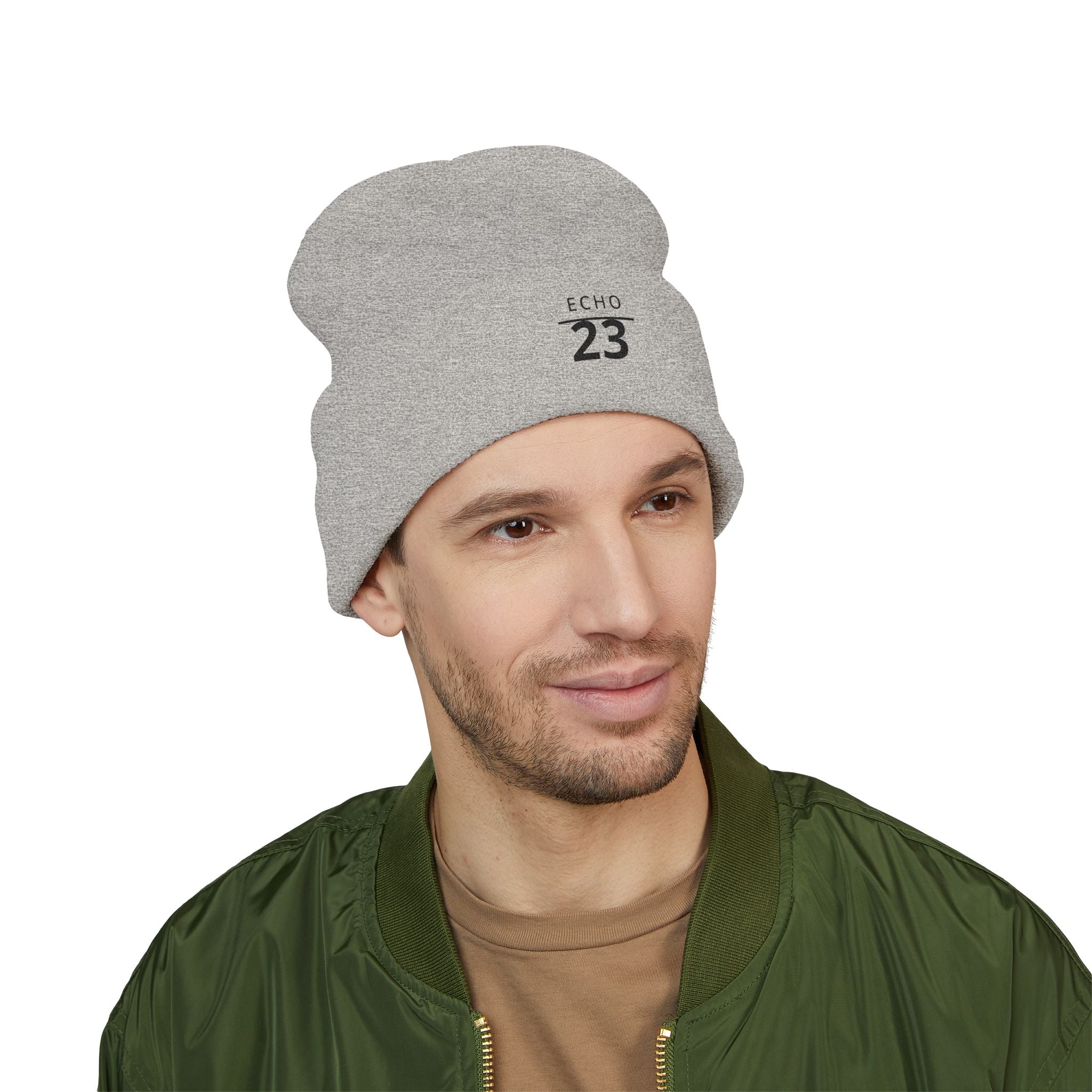 Echo 23 Embroidered Cuffed Beanie — Minimal Knit Winter Hat