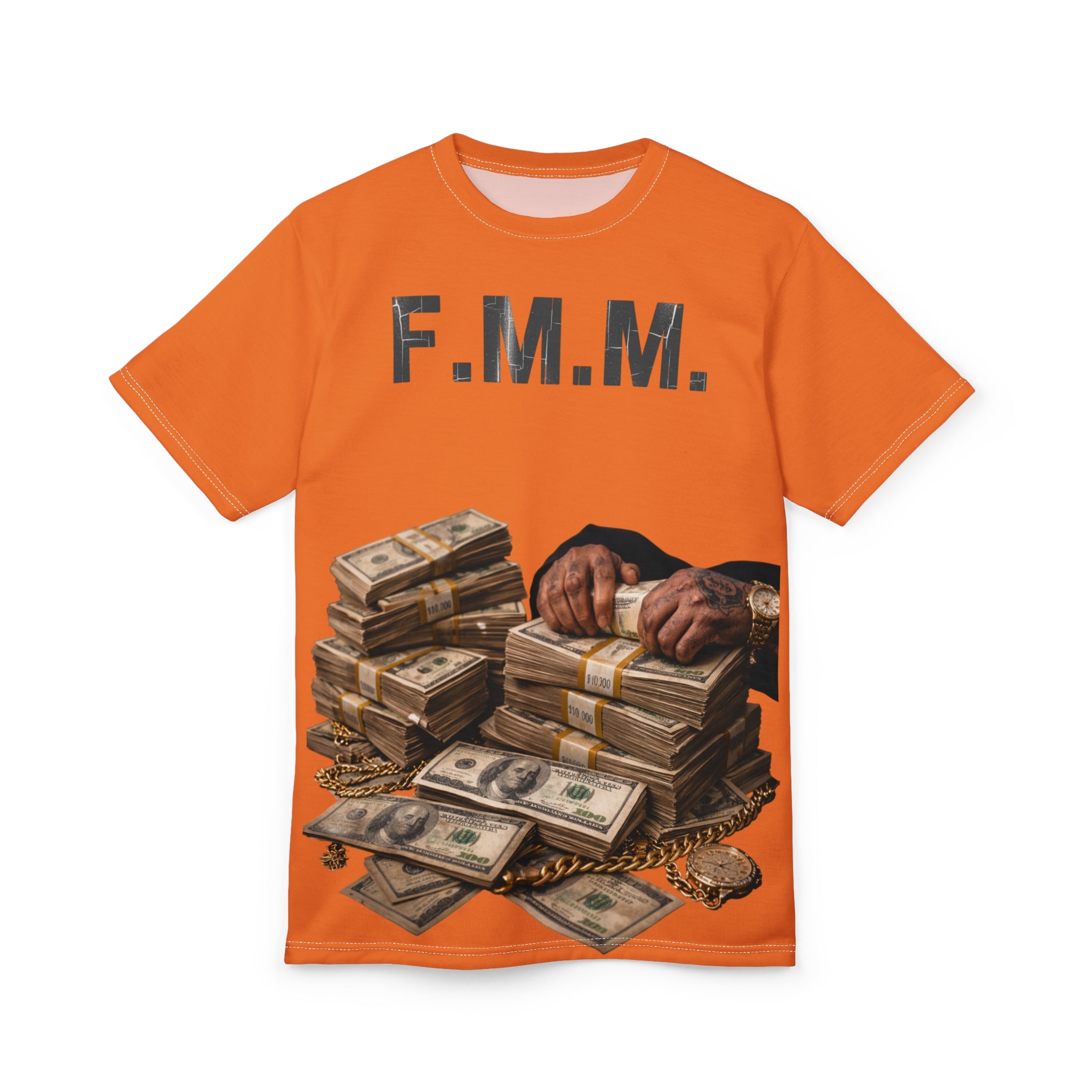 Orange FMM Money Stacks Tee — Graphic All-Over Print Shirt