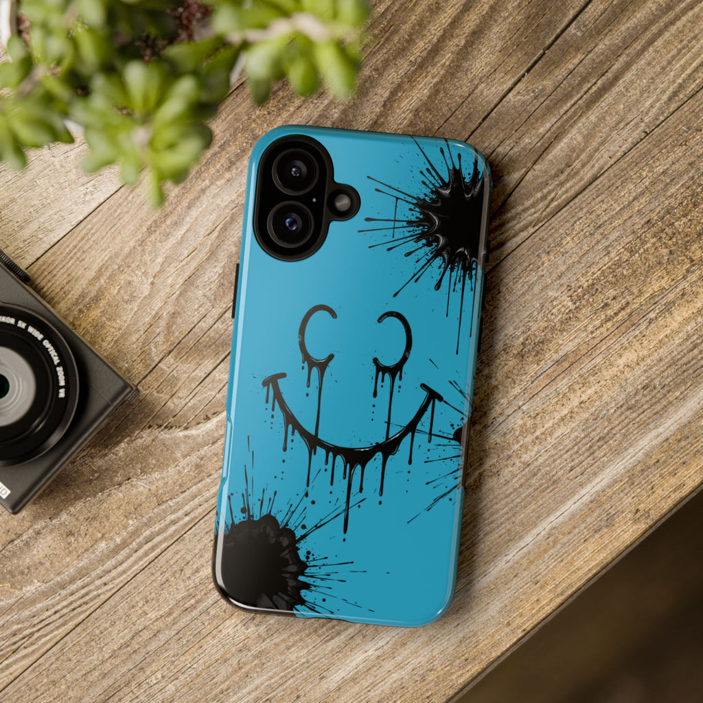Protective Phone Case — Blue Drip Smile Splatter Design
