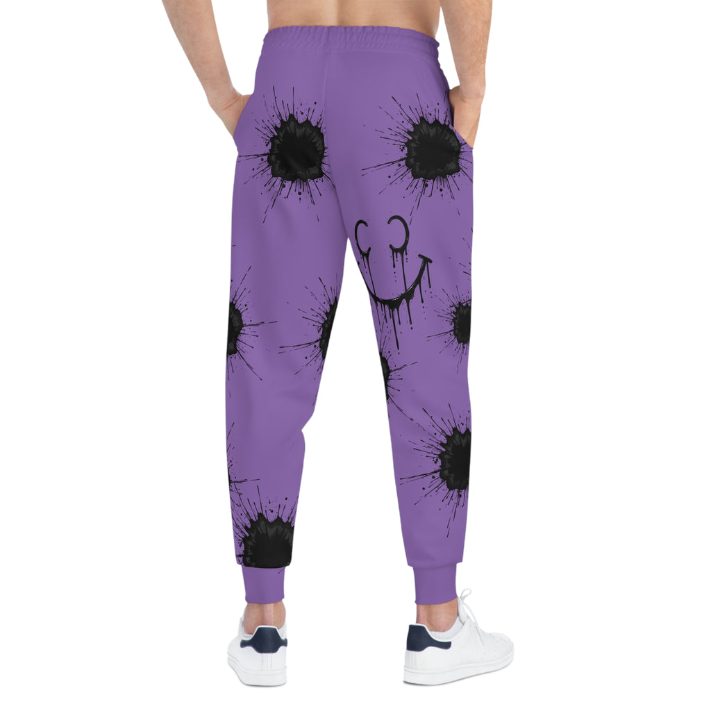 Ink Splatter Teddy Joggers — Grunge Athletic Sweatpants with Smiley Detail