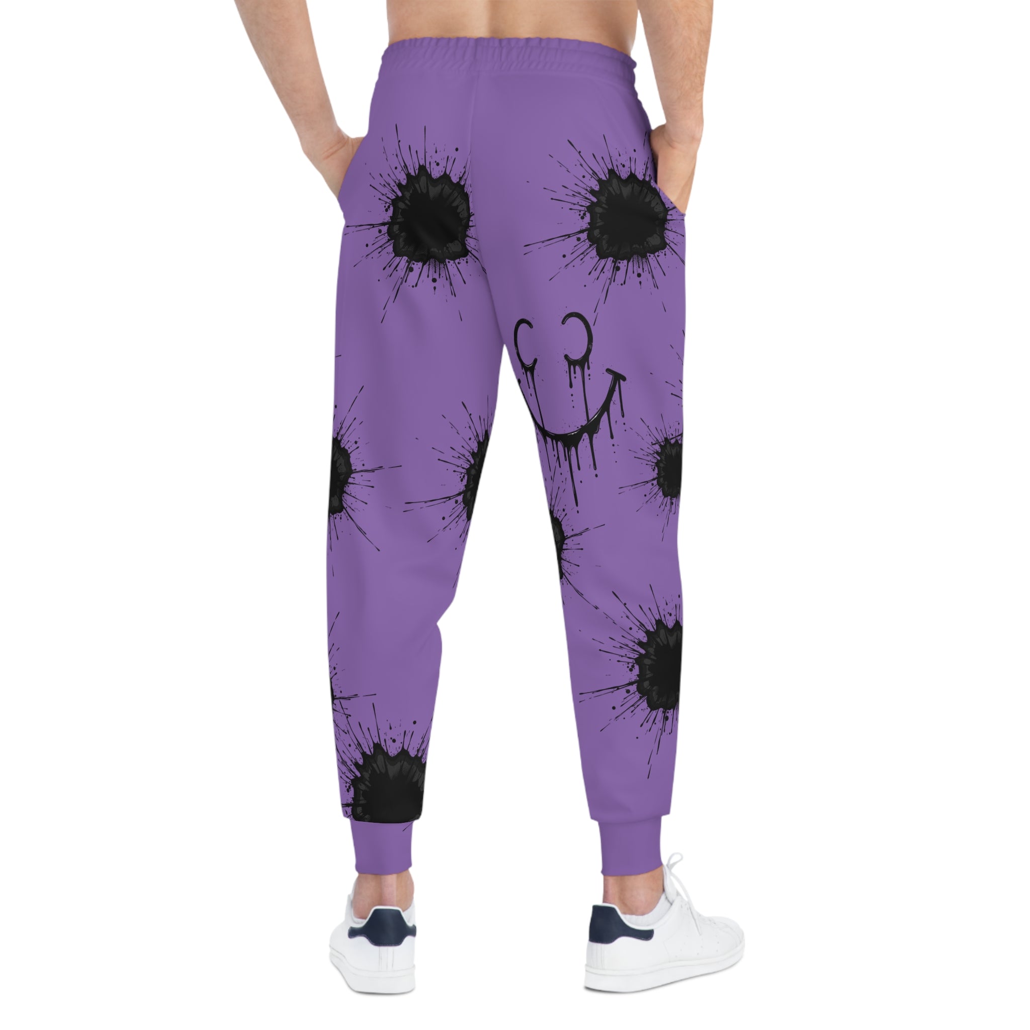 Ink Splatter Teddy Joggers — Grunge Athletic Sweatpants with Smiley Detail