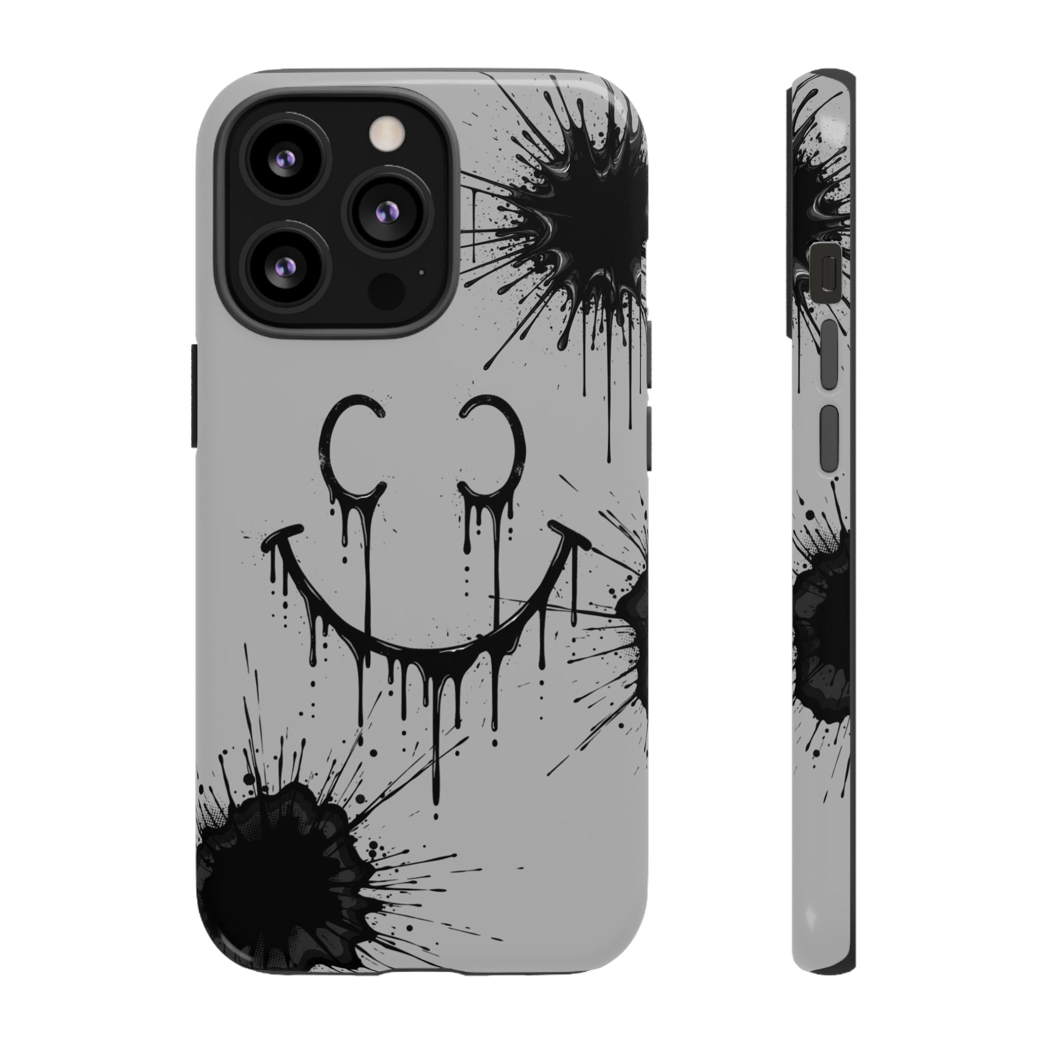 Protective Phone Case — Gray Drip Smile Splatter Design