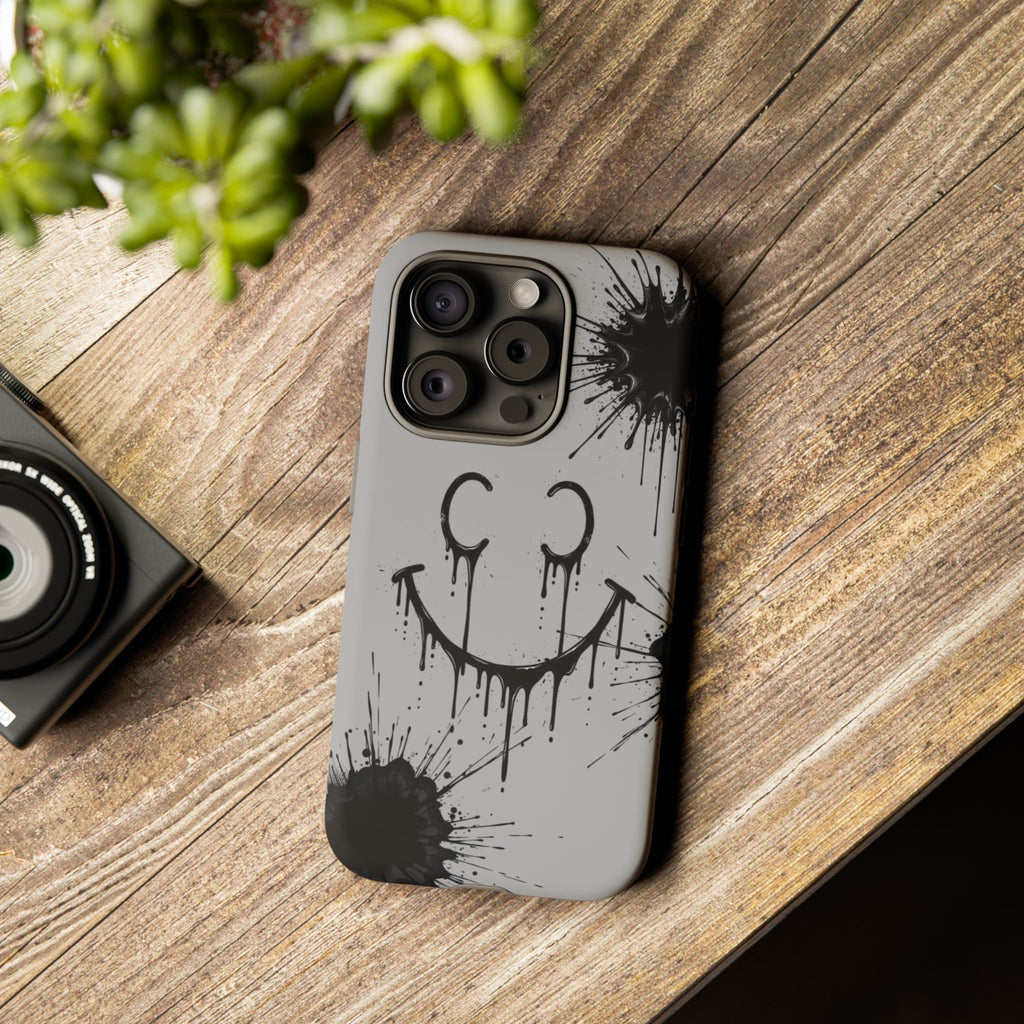 Protective Phone Case — Gray Drip Smile Splatter Design