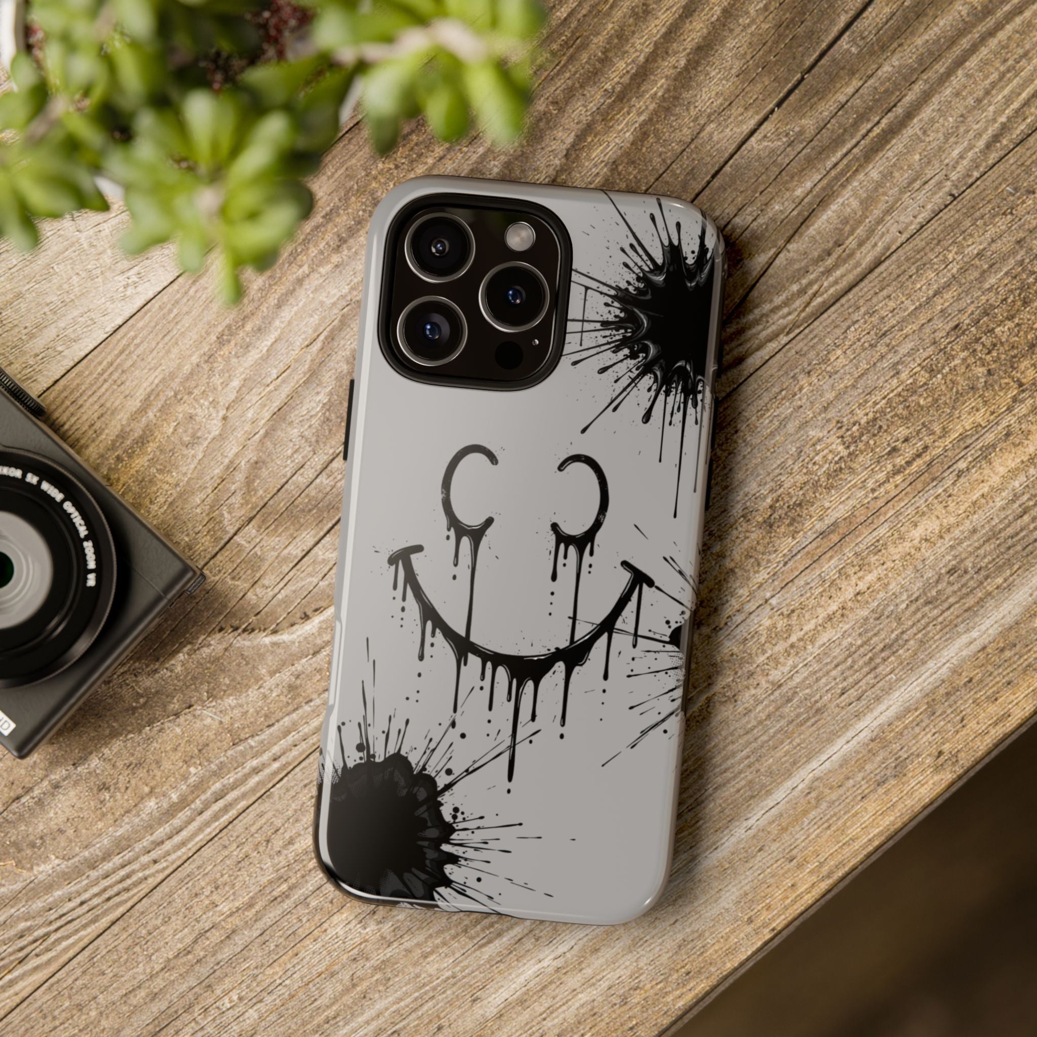 Protective Phone Case — Gray Drip Smile Splatter Design