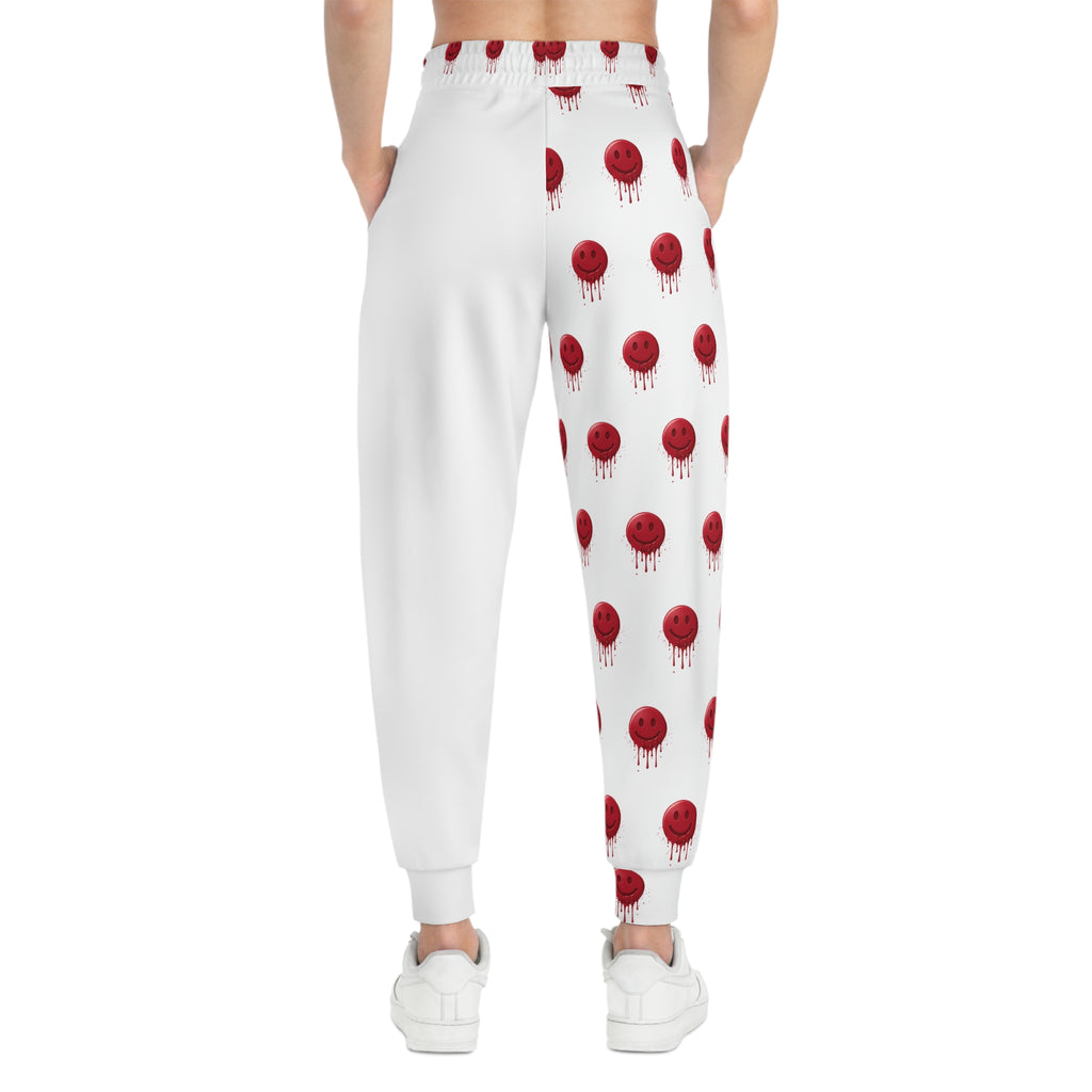 White Joggers with Red Dripping Smile Pattern — Graphic Athletic Sweatpants