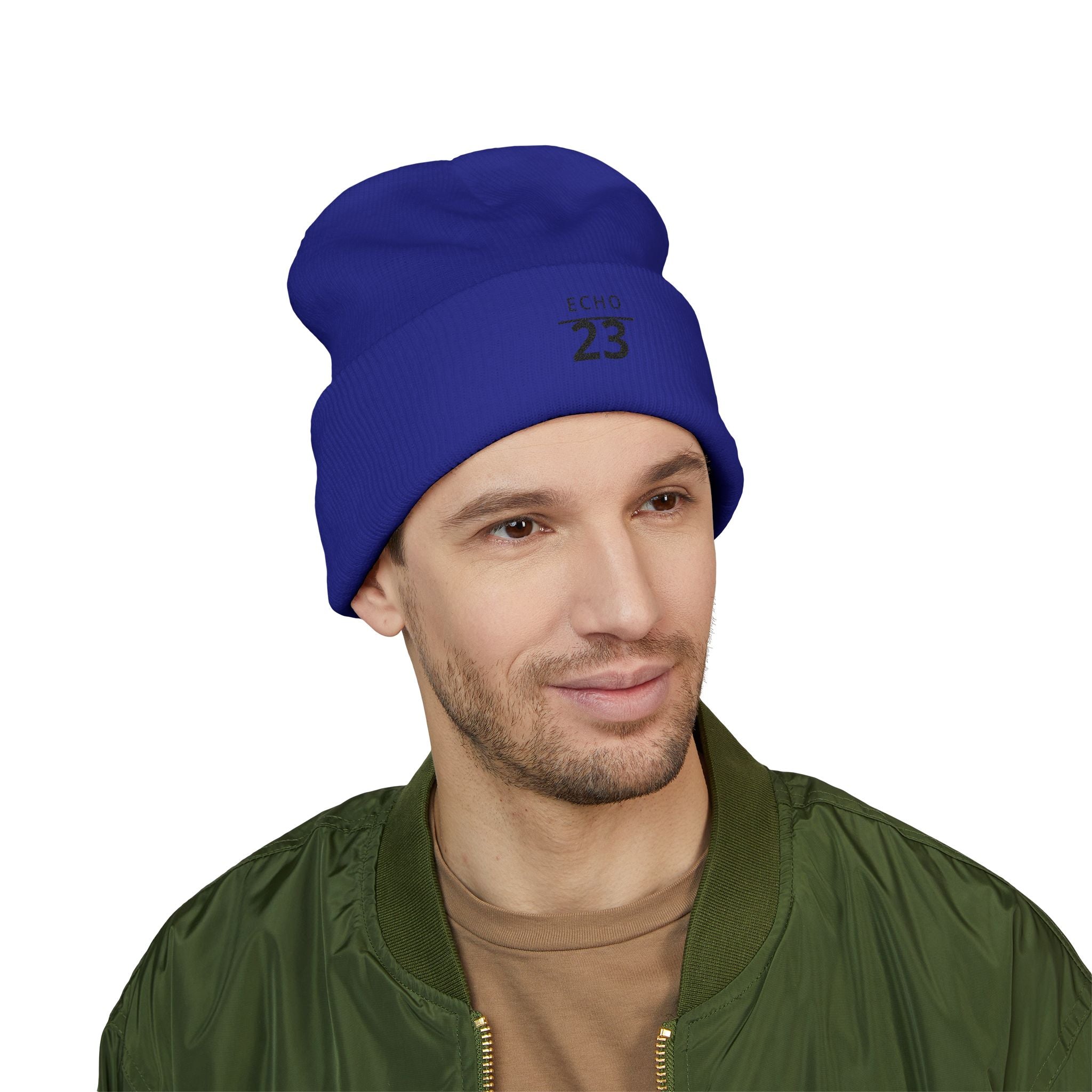Echo 23 Embroidered Cuffed Beanie — Minimal Knit Winter Hat