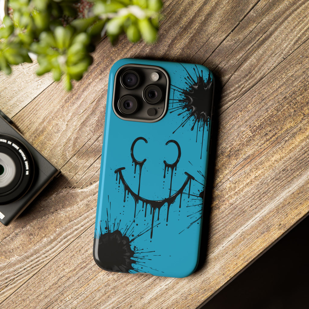 Protective Phone Case — Blue Drip Smile Splatter Design