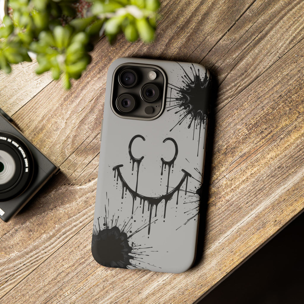 Protective Phone Case — Gray Drip Smile Splatter Design