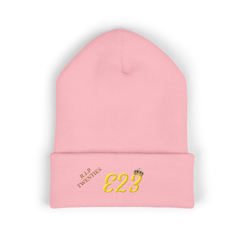 E23 Embroidered Cuffed Beanie — RIP Twenties Gold Script Knit Hat
