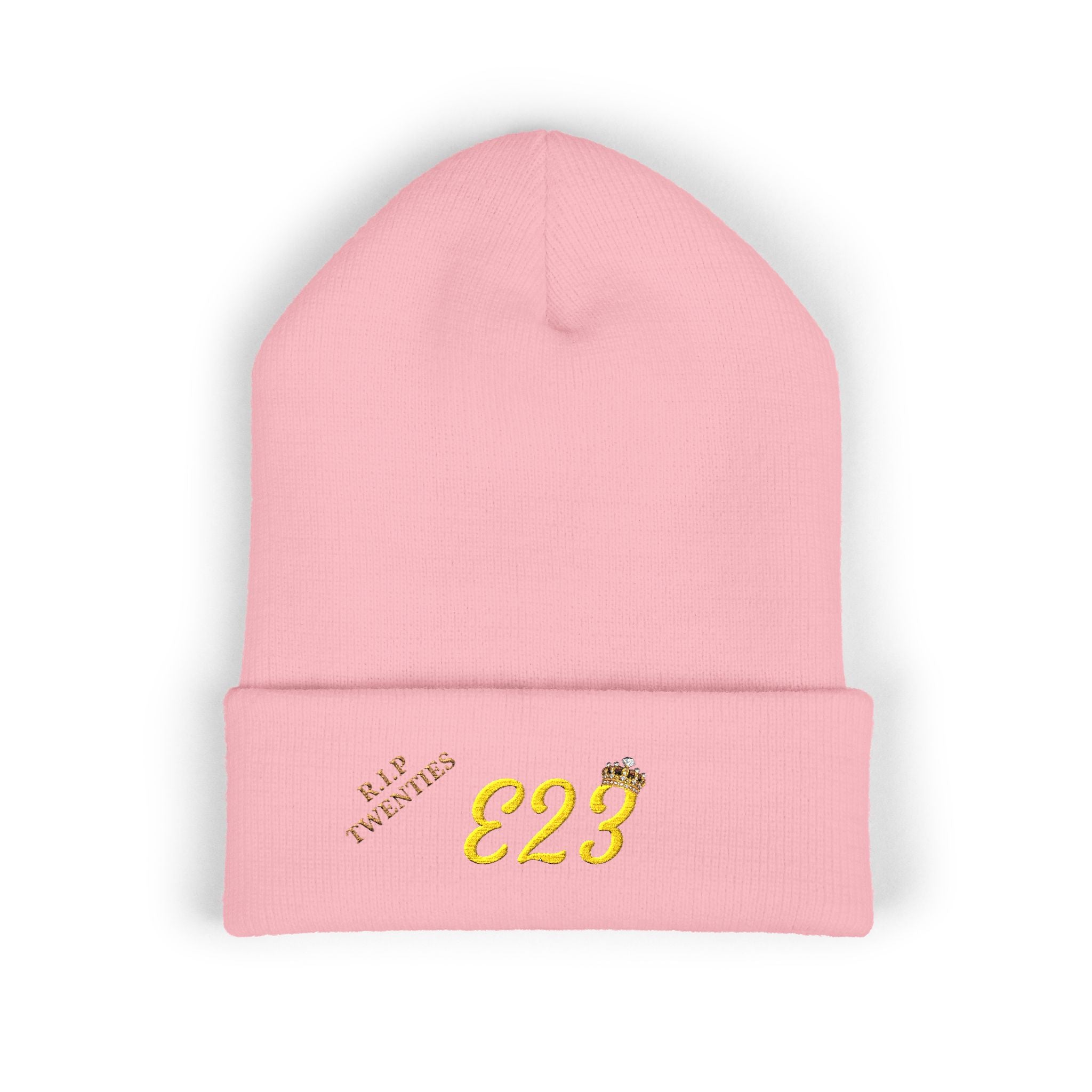 E23 Embroidered Cuffed Beanie — RIP Twenties Gold Script Knit Hat