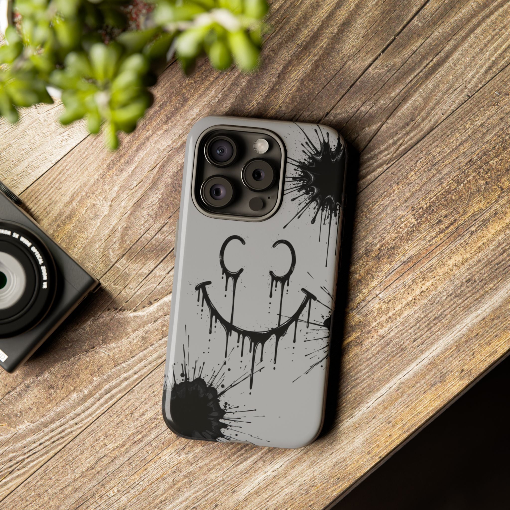 Protective Phone Case — Gray Drip Smile Splatter Design