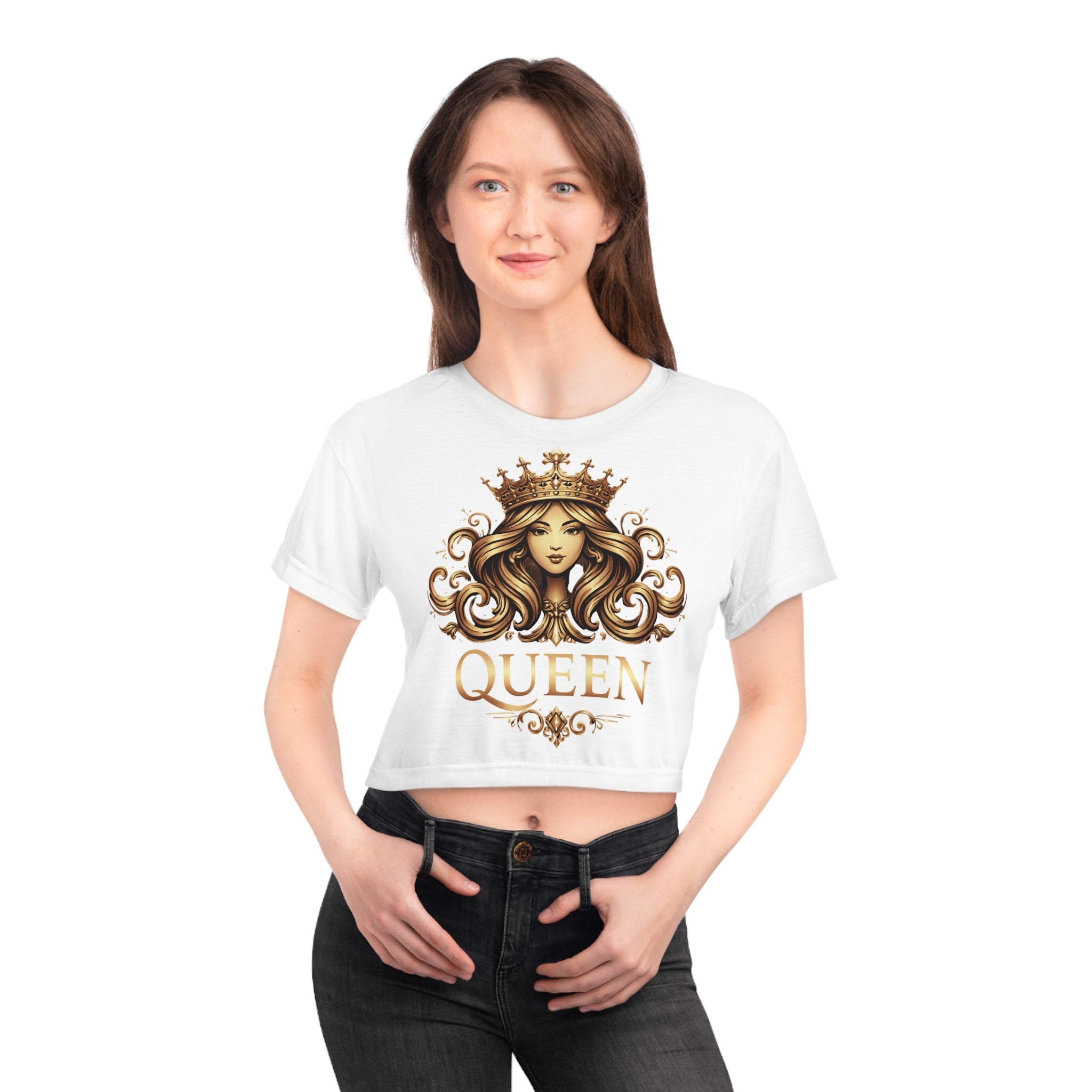 White Queen Graphic Crop Tee — Regal Crowned Woman Design