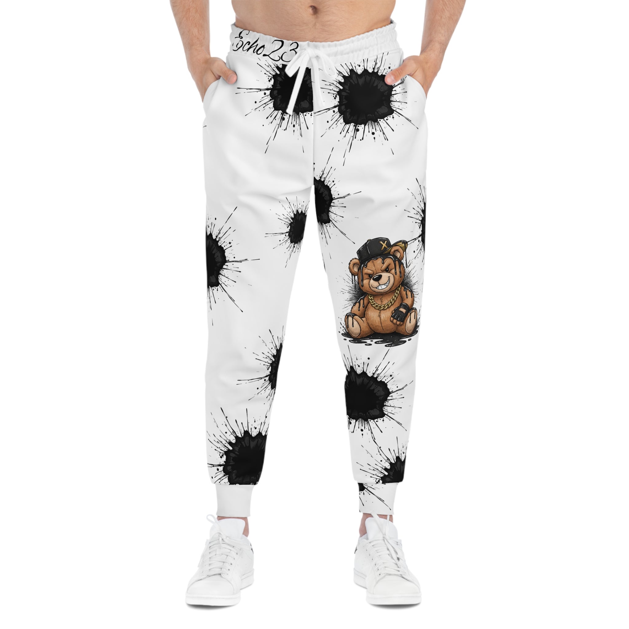 Ink Splatter Teddy Joggers — Grunge Athletic Sweatpants with Smiley Detail