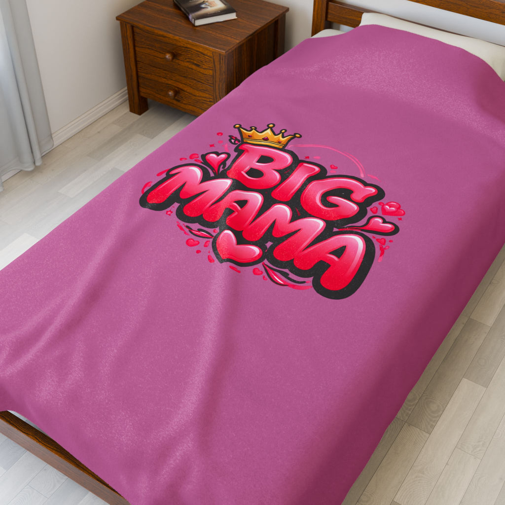 Big Mama Plush Blanket — Soft Pink Velveteen Throw, Cute Crown & Hearts Design, Perfect Mother’s Day Gift
