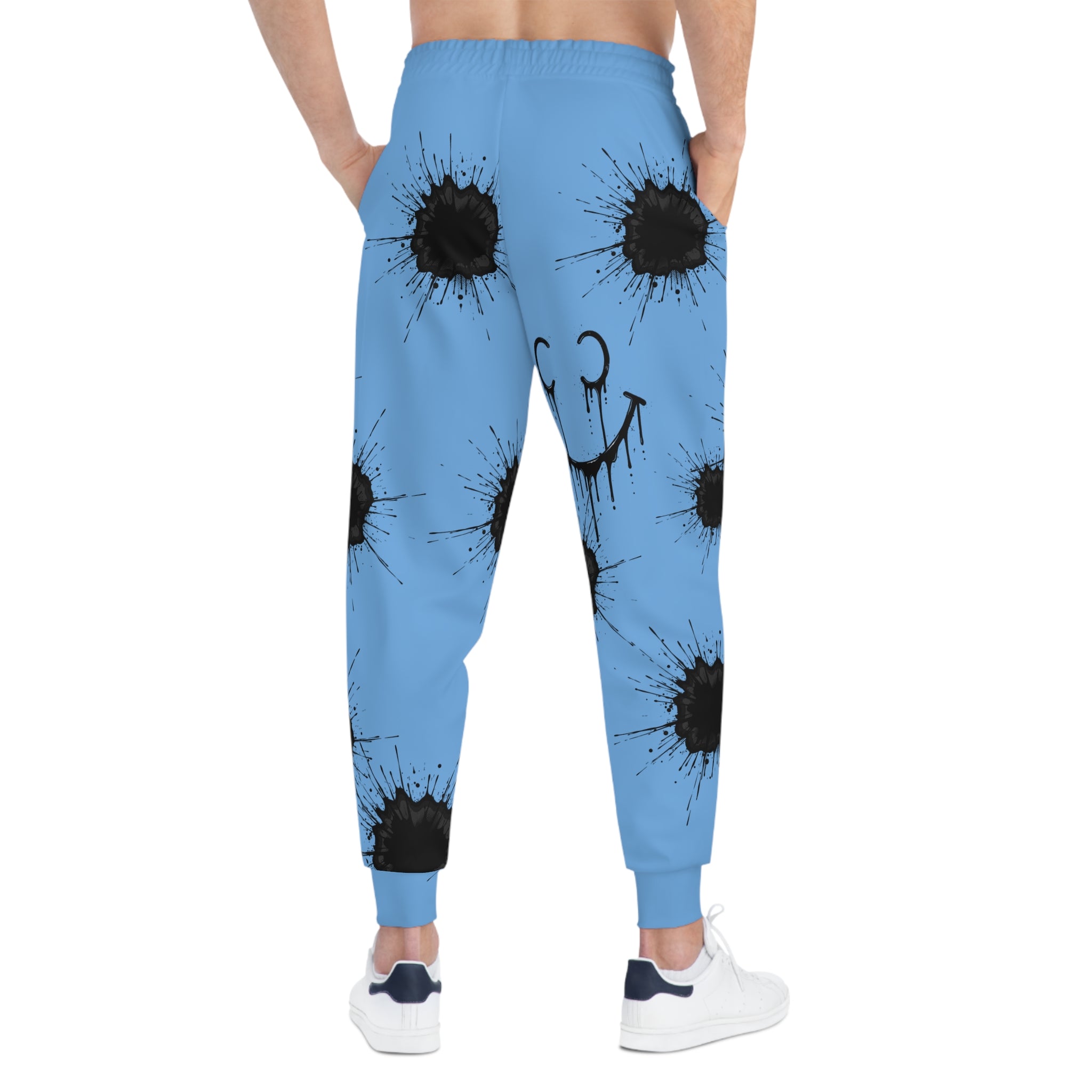 Ink Splatter Teddy Joggers — Grunge Athletic Sweatpants with Smiley Detail