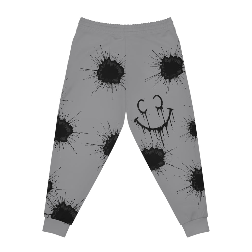 Ink Splatter Teddy Joggers — Grunge Athletic Sweatpants with Smiley Detail