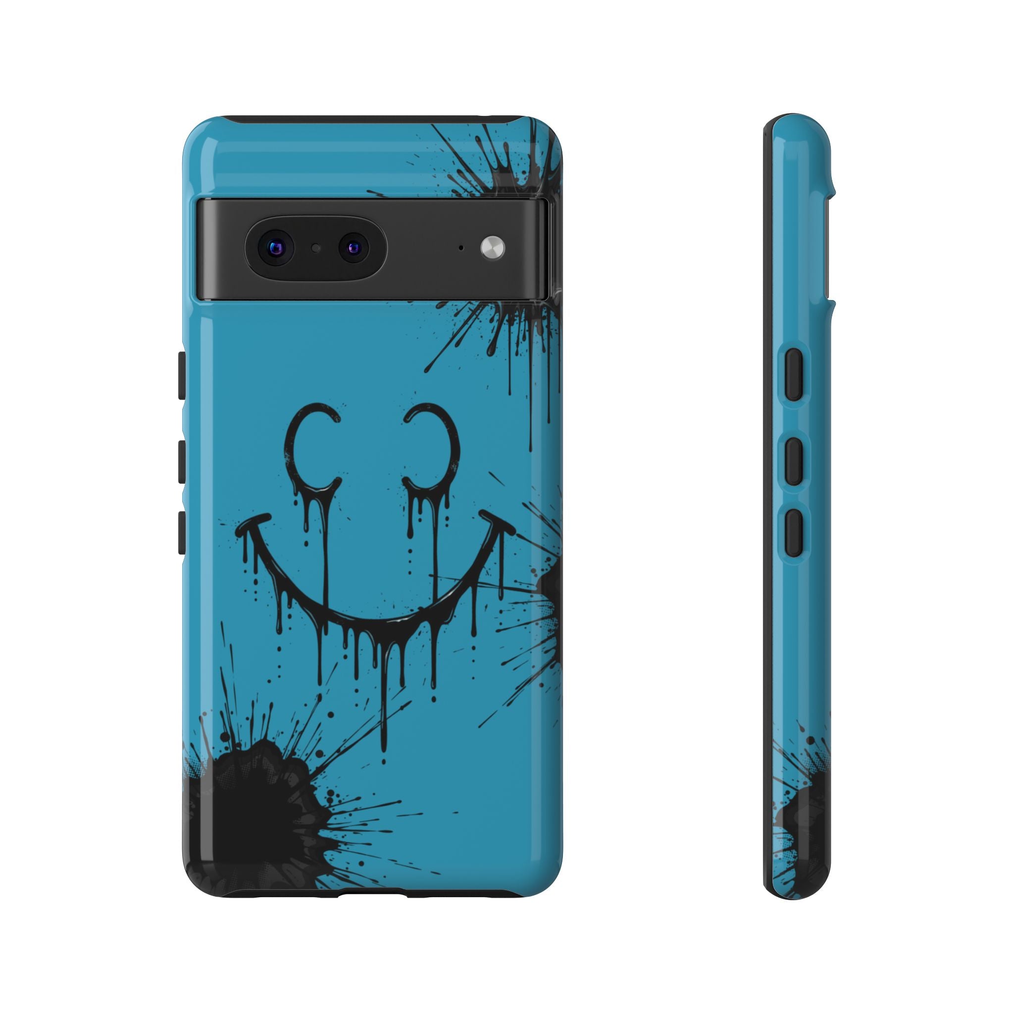 Protective Phone Case — Blue Drip Smile Splatter Design