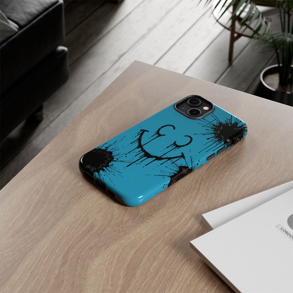 Protective Phone Case — Blue Drip Smile Splatter Design