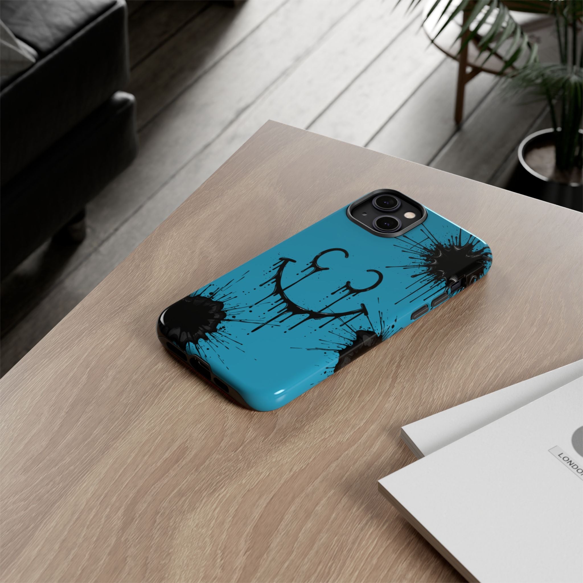 Protective Phone Case — Blue Drip Smile Splatter Design