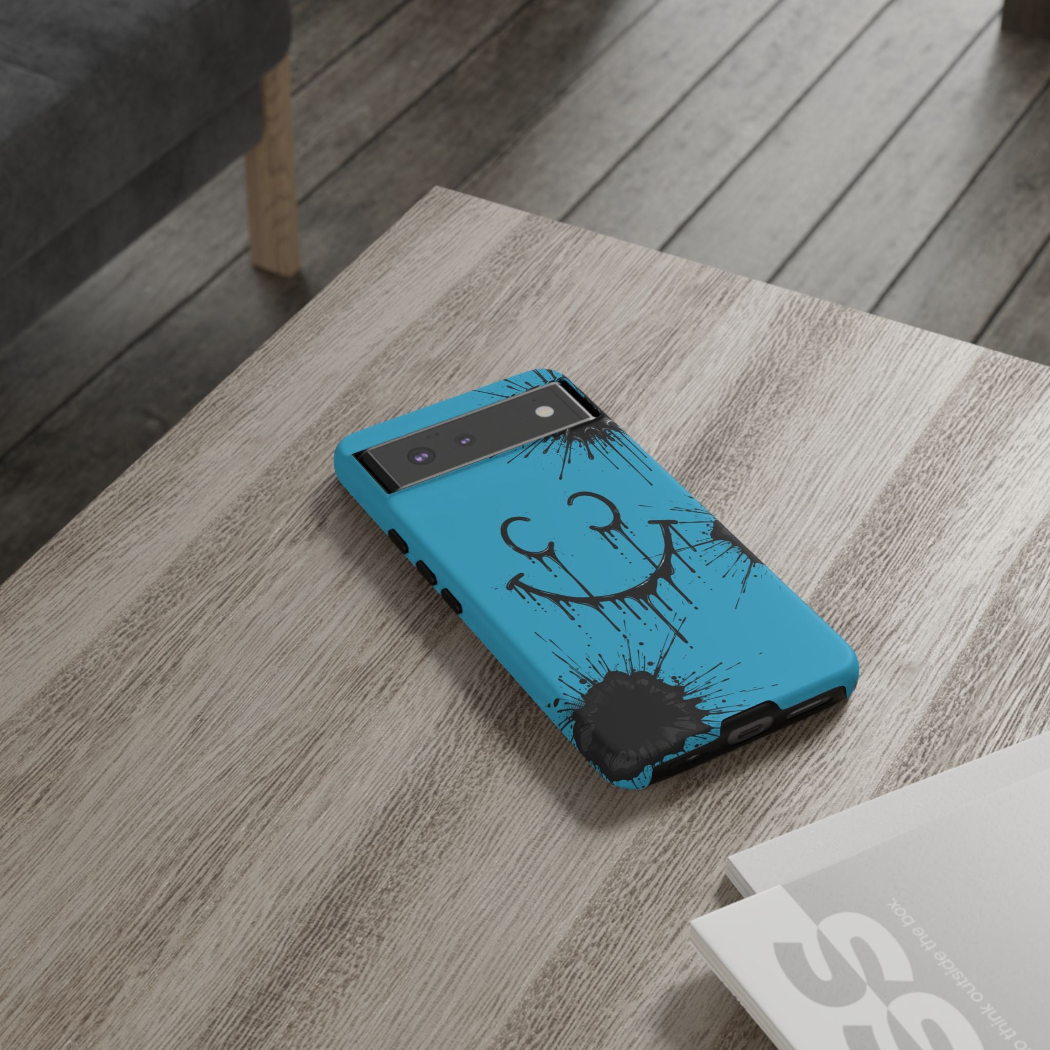 Protective Phone Case — Blue Drip Smile Splatter Design