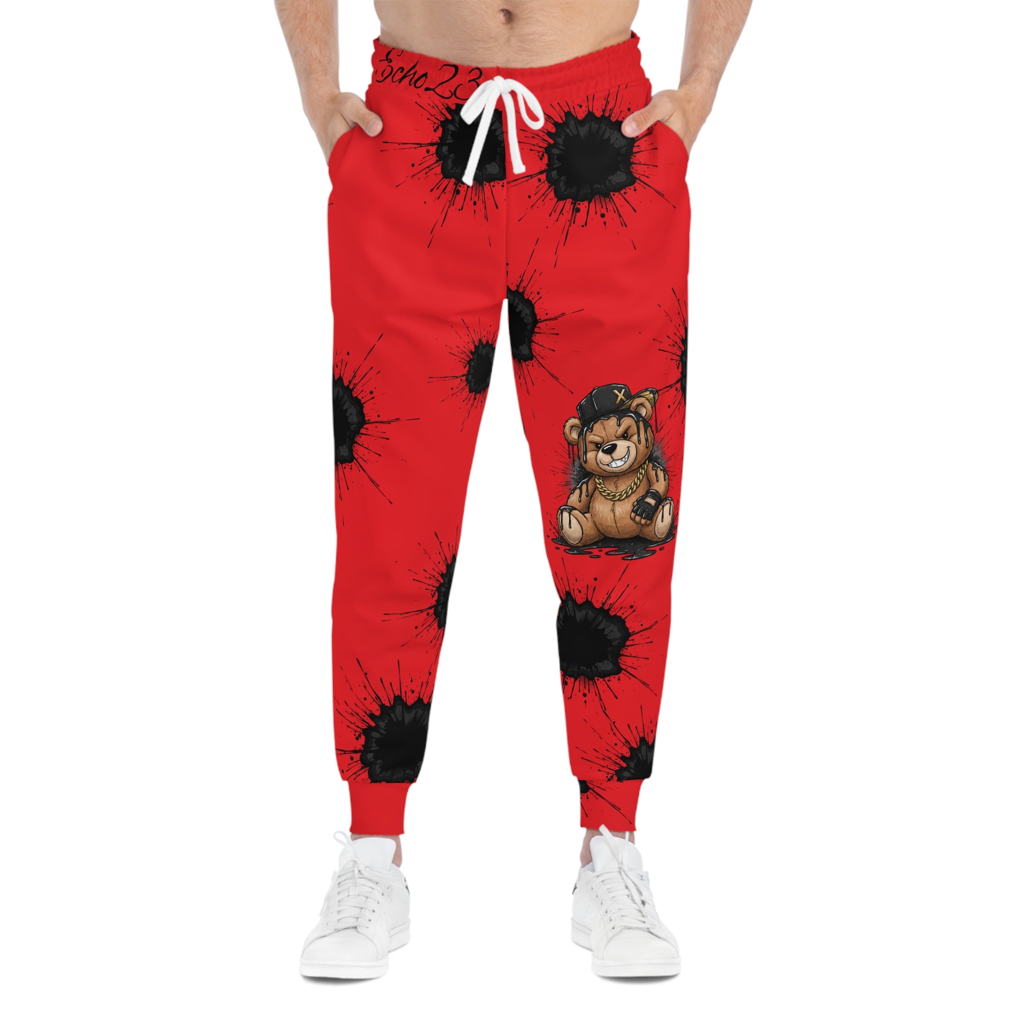 Ink Splatter Teddy Joggers — Grunge Athletic Sweatpants with Smiley Detail