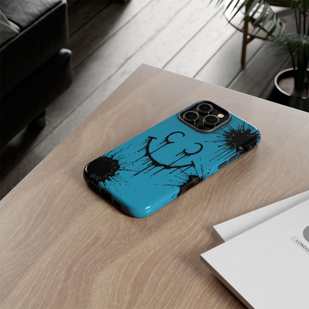Protective Phone Case — Blue Drip Smile Splatter Design