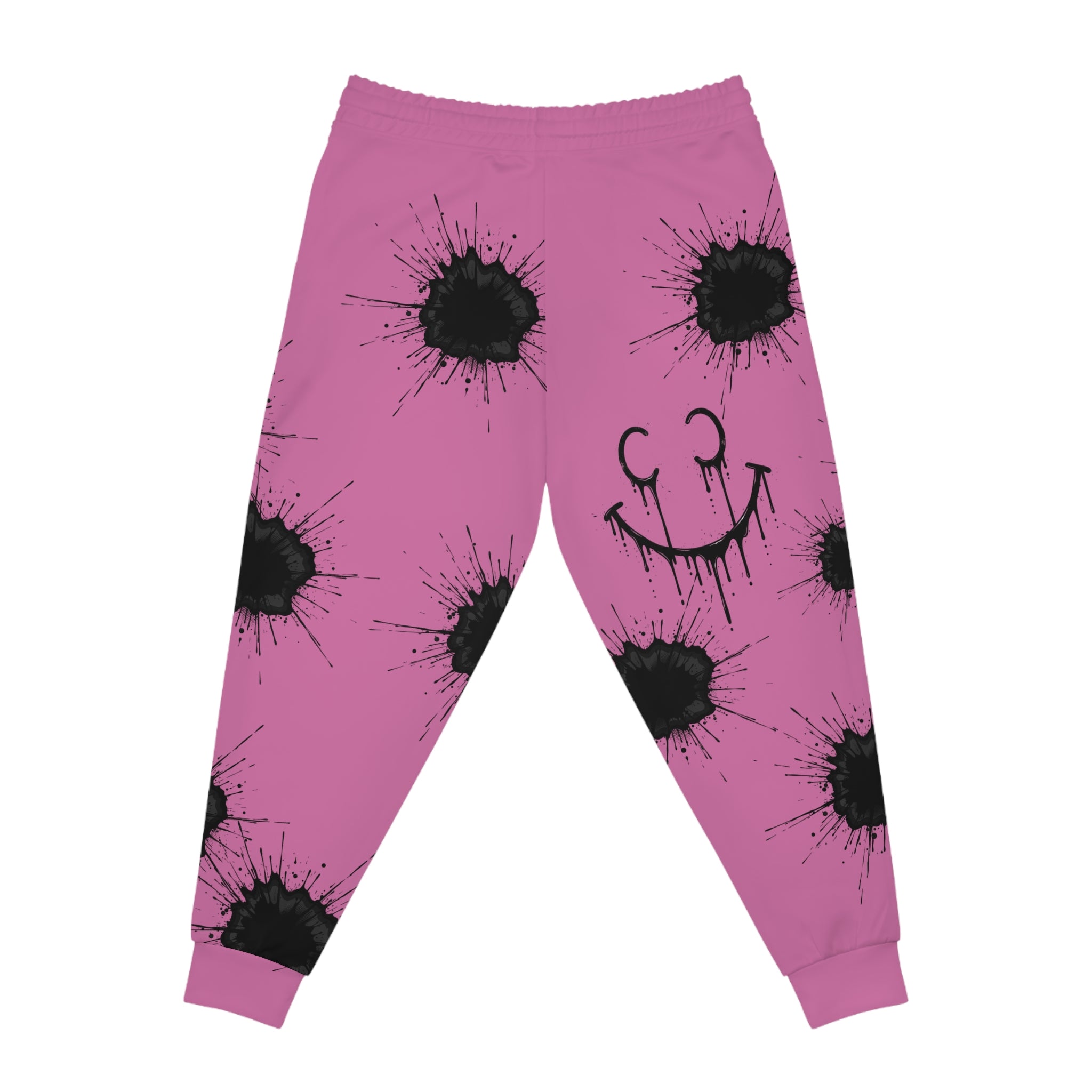 Ink Splatter Teddy Joggers — Grunge Athletic Sweatpants with Smiley Detail