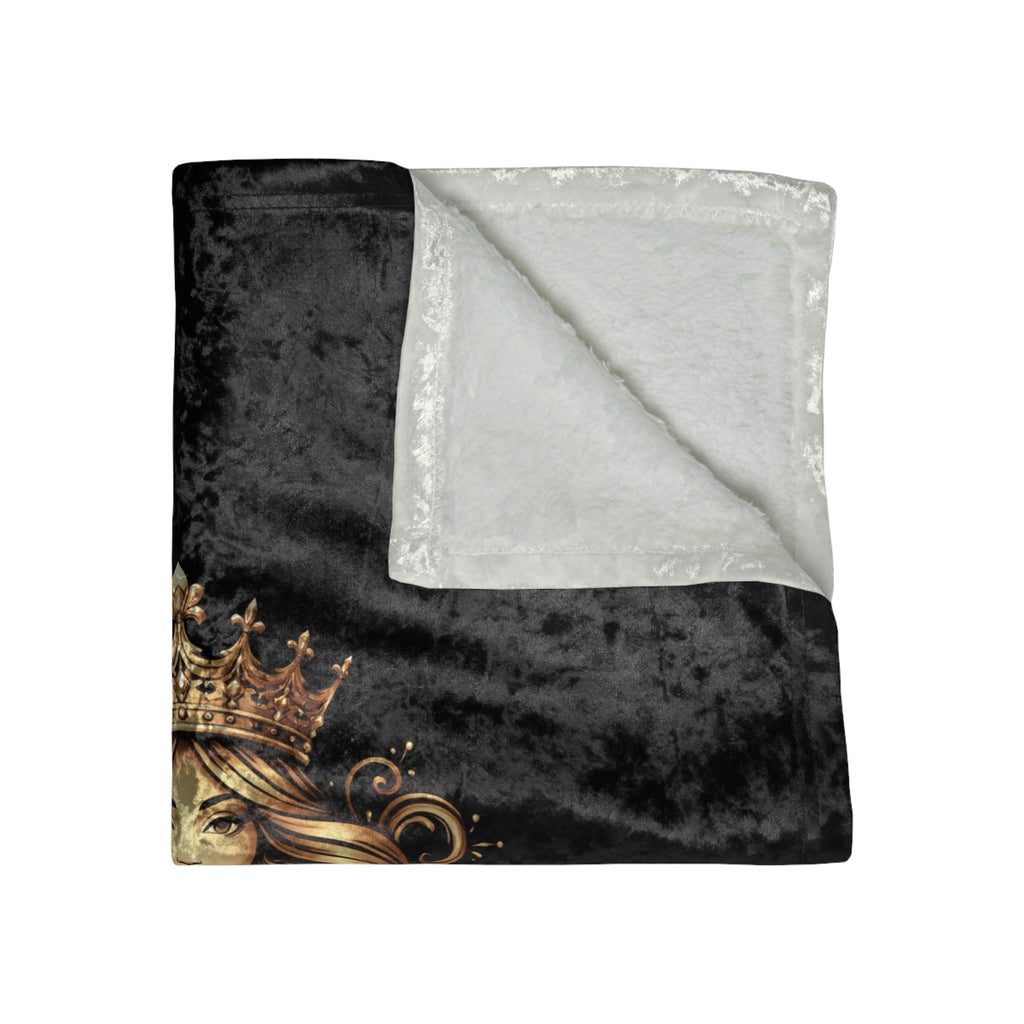 Queen Crushed Velvet Blanket — Luxurious Gold Crown Design for Women, Royal Throw Gift
