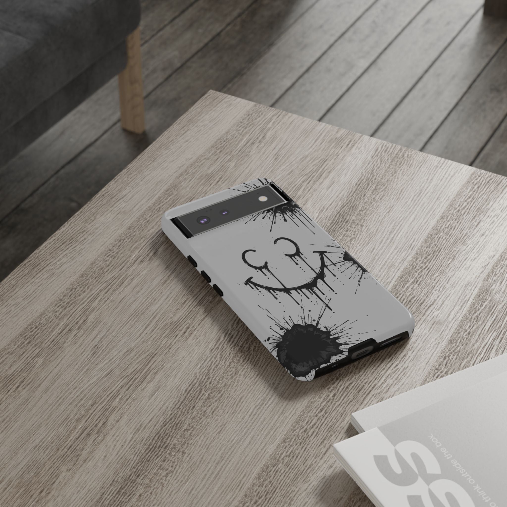 Protective Phone Case — Gray Drip Smile Splatter Design